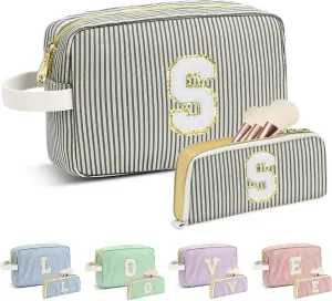 Travel Makeup Bag Gift for Women Girl Teens Preppy Stuff Cosmetic Bag Set, Cute Make Up Bag With Handle Personalized Initial Makeup Pouch Skin Care with Makeup Brush Bag Letter S (Black&White Stripes)