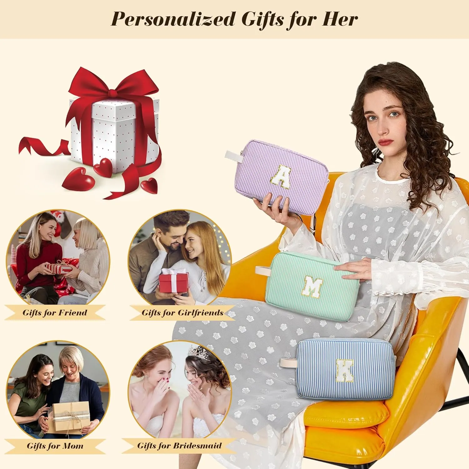 Travel Makeup Bag Gift for Women Girl Teens Preppy Stuff Cosmetic Bag Set, Cute Make Up Bag With Handle Personalized Initial Makeup Pouch Skin Care with Makeup Brush Bag Letter S (Black&White Stripes)