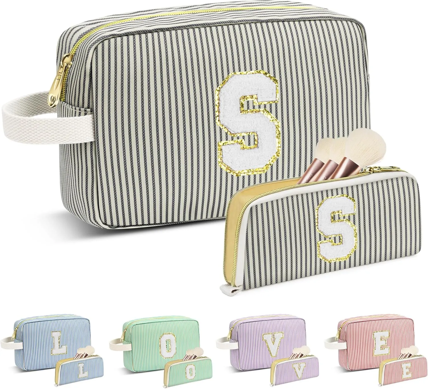 Travel Makeup Bag Gift for Women Girl Teens Preppy Stuff Cosmetic Bag Set, Cute Make Up Bag With Handle Personalized Initial Makeup Pouch Skin Care with Makeup Brush Bag Letter S (Black&White Stripes)
