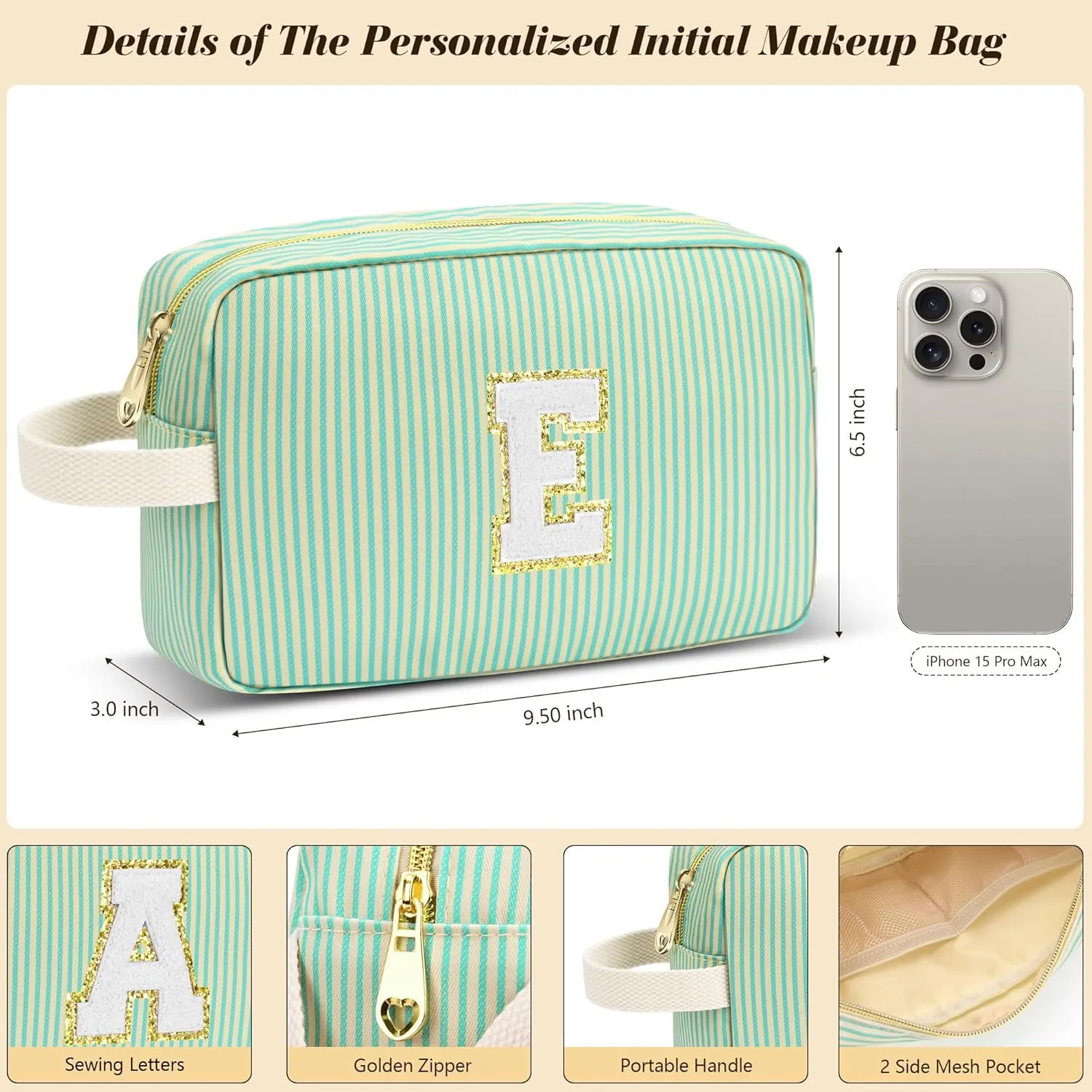 Travel Makeup Bag Gift for Women Girl Teens Preppy Stuff Cosmetic Bag Set, Cute Make Up Bag With Handle Personalized Initial Makeup Pouch Skin Care with Makeup Brush Bag Letter S (Black&White Stripes)