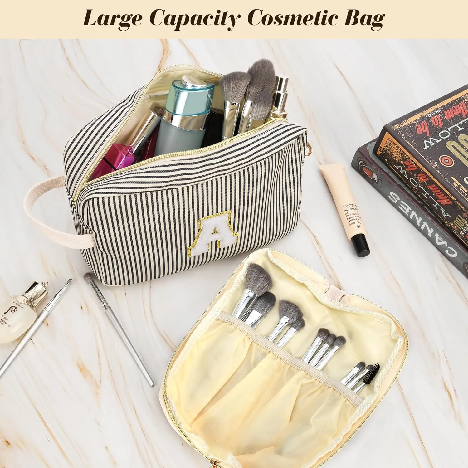 Travel Makeup Bag Gift for Women Girl Teens Preppy Stuff Cosmetic Bag Set, Cute Make Up Bag With Handle Personalized Initial Makeup Pouch Skin Care with Makeup Brush Bag Letter S (Black&White Stripes)
