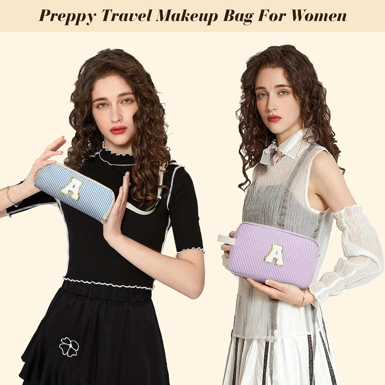 Travel Makeup Bag Gift for Women Girl Teens Preppy Stuff Cosmetic Bag Set, Cute Make Up Bag With Handle Personalized Initial Makeup Pouch Skin Care with Makeup Brush Bag Letter S (Black&White Stripes)