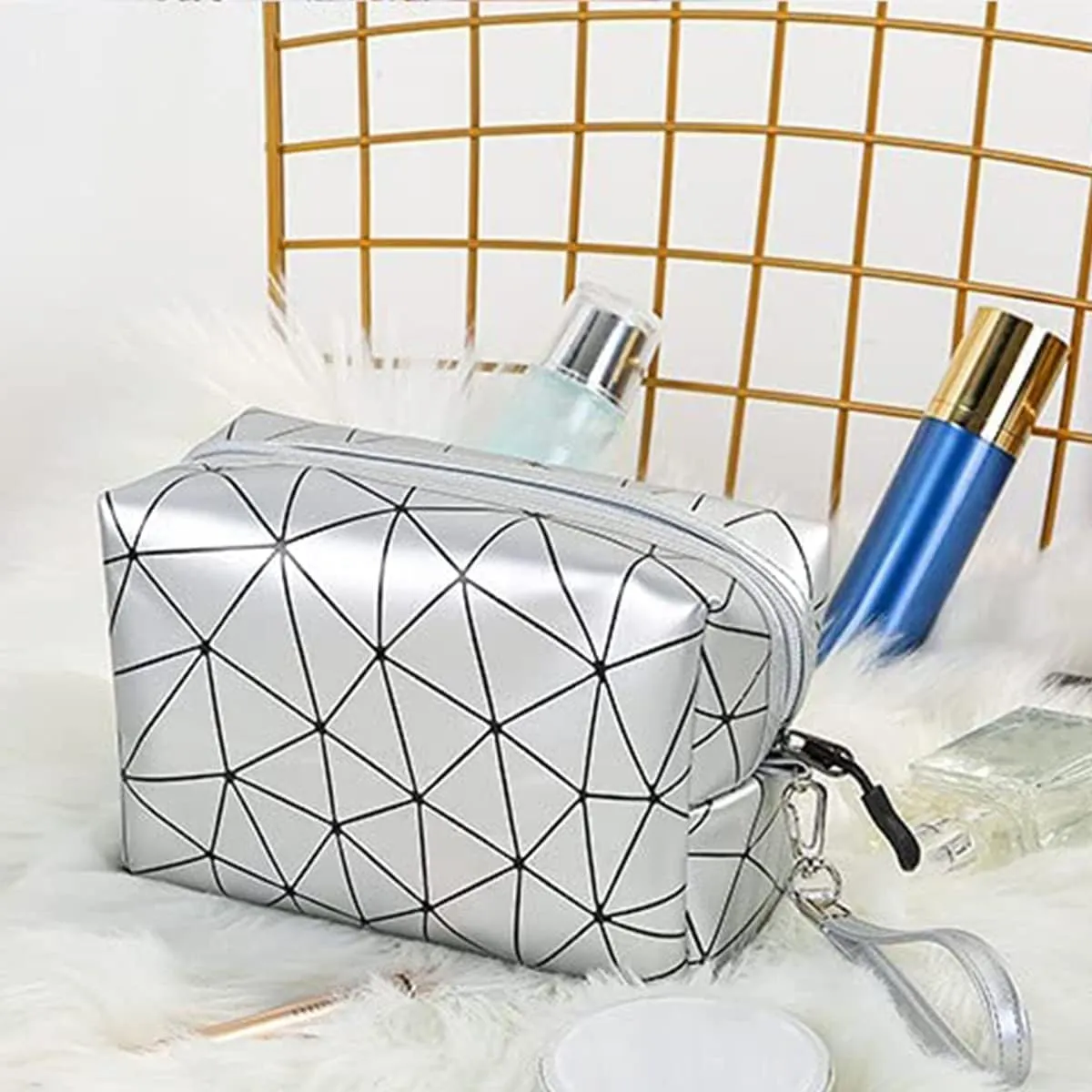 Travel Makeup Bag Organizer, Waterproofing Toiletry Bag Set, Skincare Bag with 2 Cosmetic Bags for Women (Silver)
