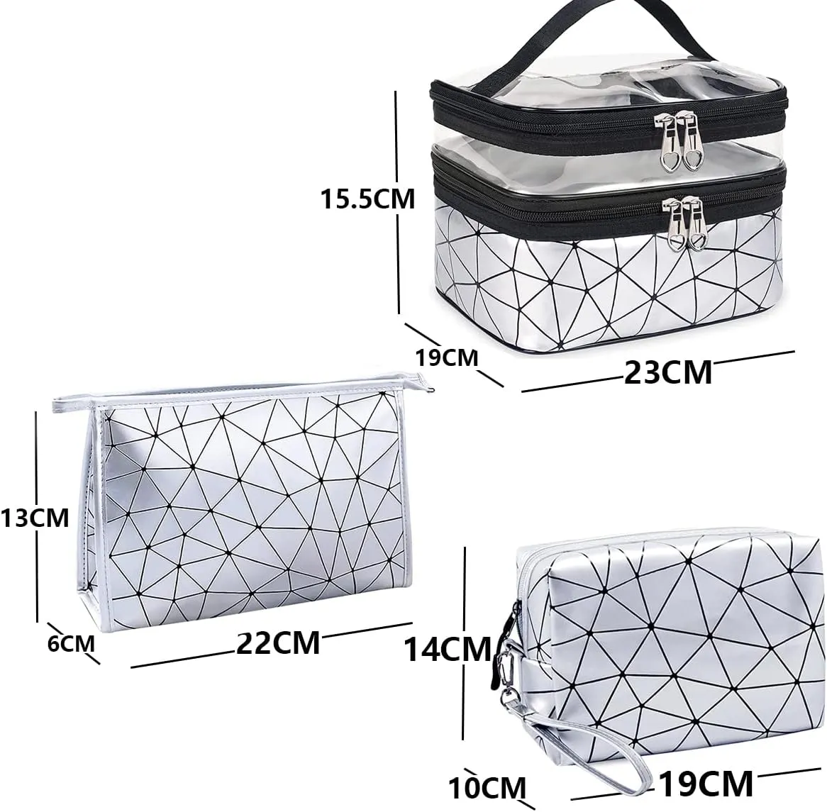 Travel Makeup Bag Organizer, Waterproofing Toiletry Bag Set, Skincare Bag with 2 Cosmetic Bags for Women (Silver)