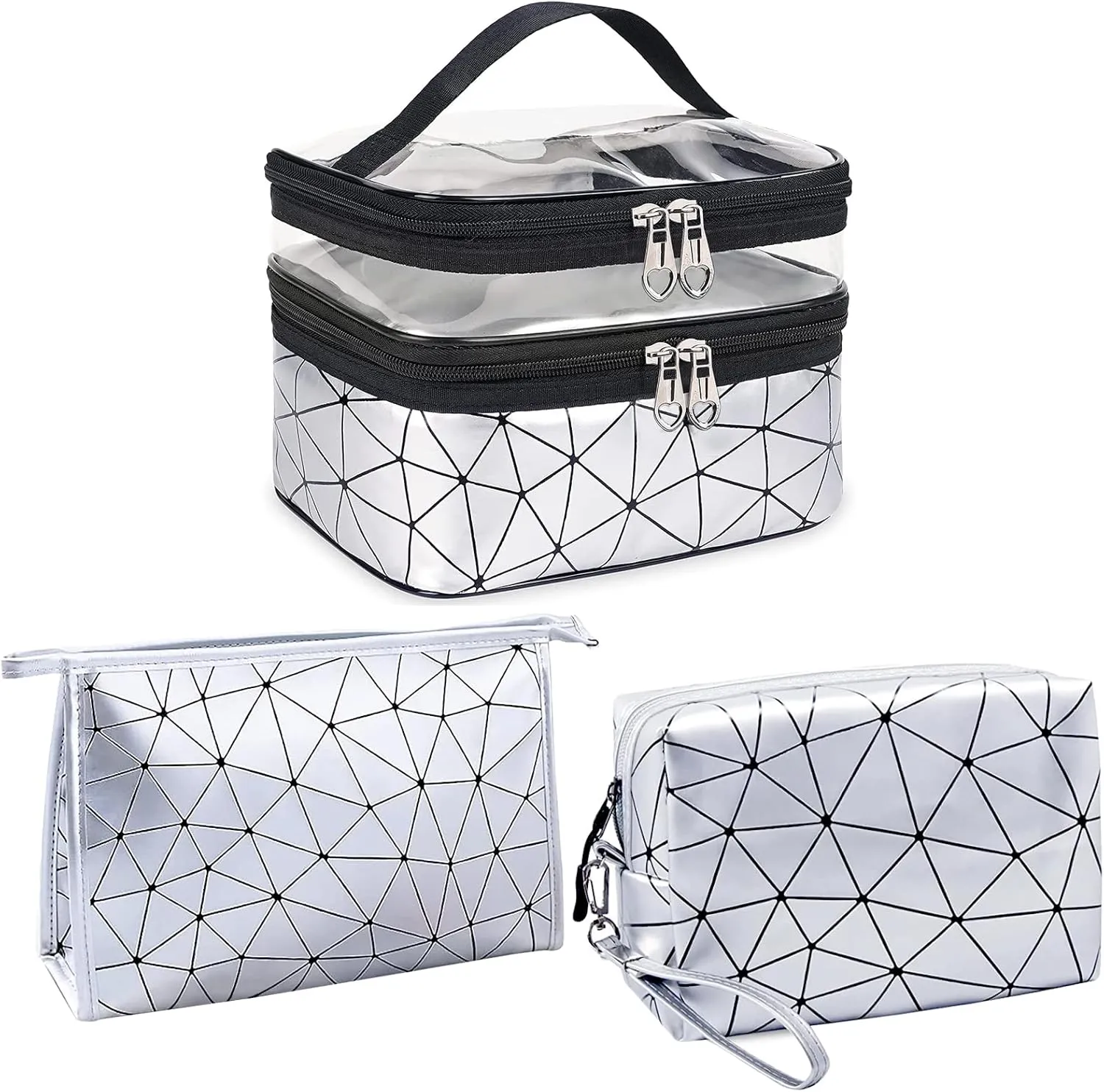Travel Makeup Bag Organizer, Waterproofing Toiletry Bag Set, Skincare Bag with 2 Cosmetic Bags for Women (Silver)