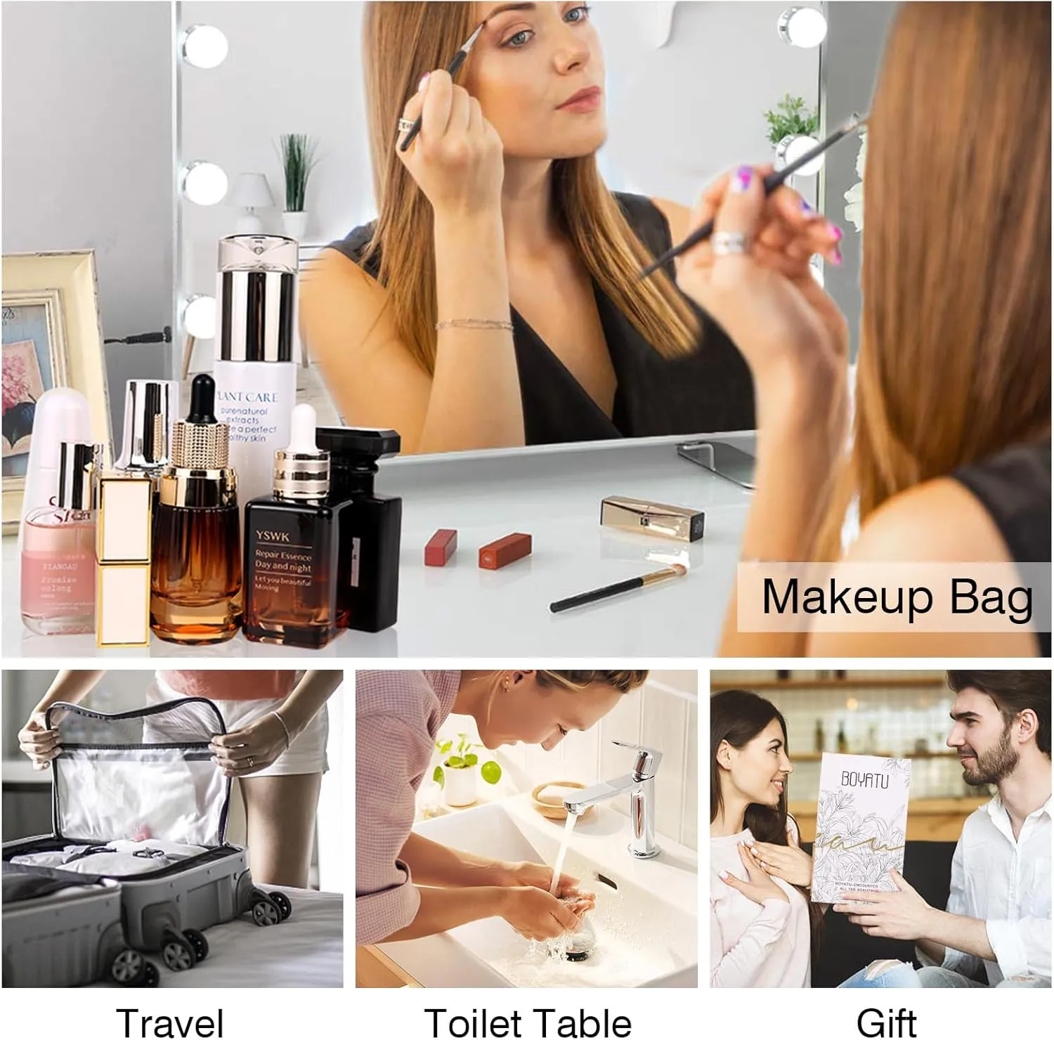 Travel Makeup Bags Cosmetic Organizer Bag: Quilted Make up Bag Set of 3 - PU Leather Toiletry Bags for Women - Portable Makeup Organizer with Compartments & Handle & Divider (14 Black New)
