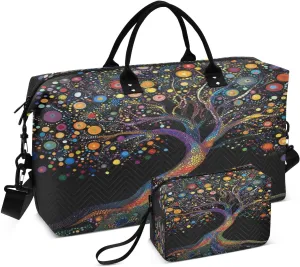 Tree Colorful Circles Black Sports Gym Bag for Women Men Travel Duffel Bag Weekend Overnight Carry on Bag with Toiletry Bag Workout Dance Bag for Swimming Yoga Workout Hospital Plane