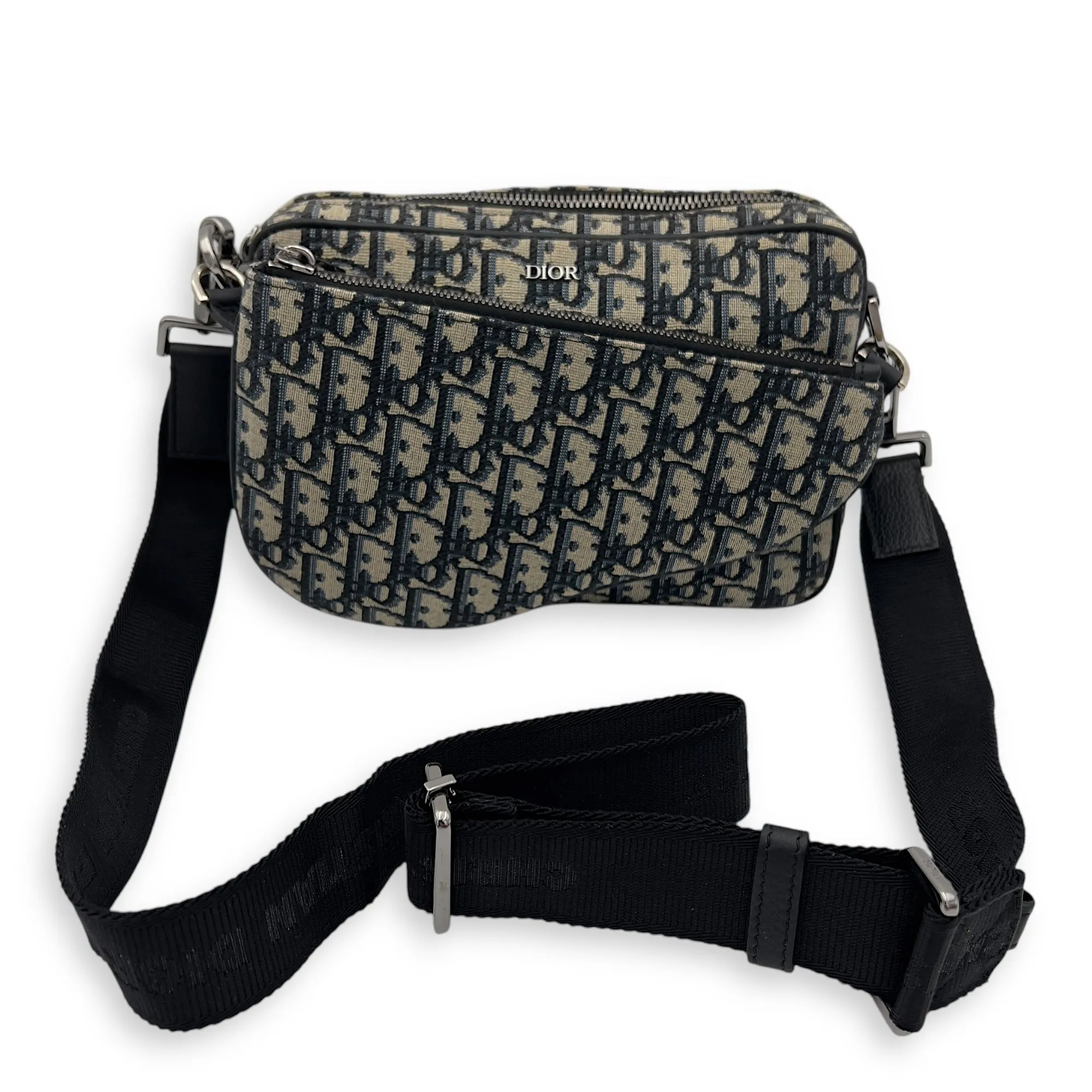 Triple Pouch Shoulder Bag Blue in Jacquard, Silver hardware