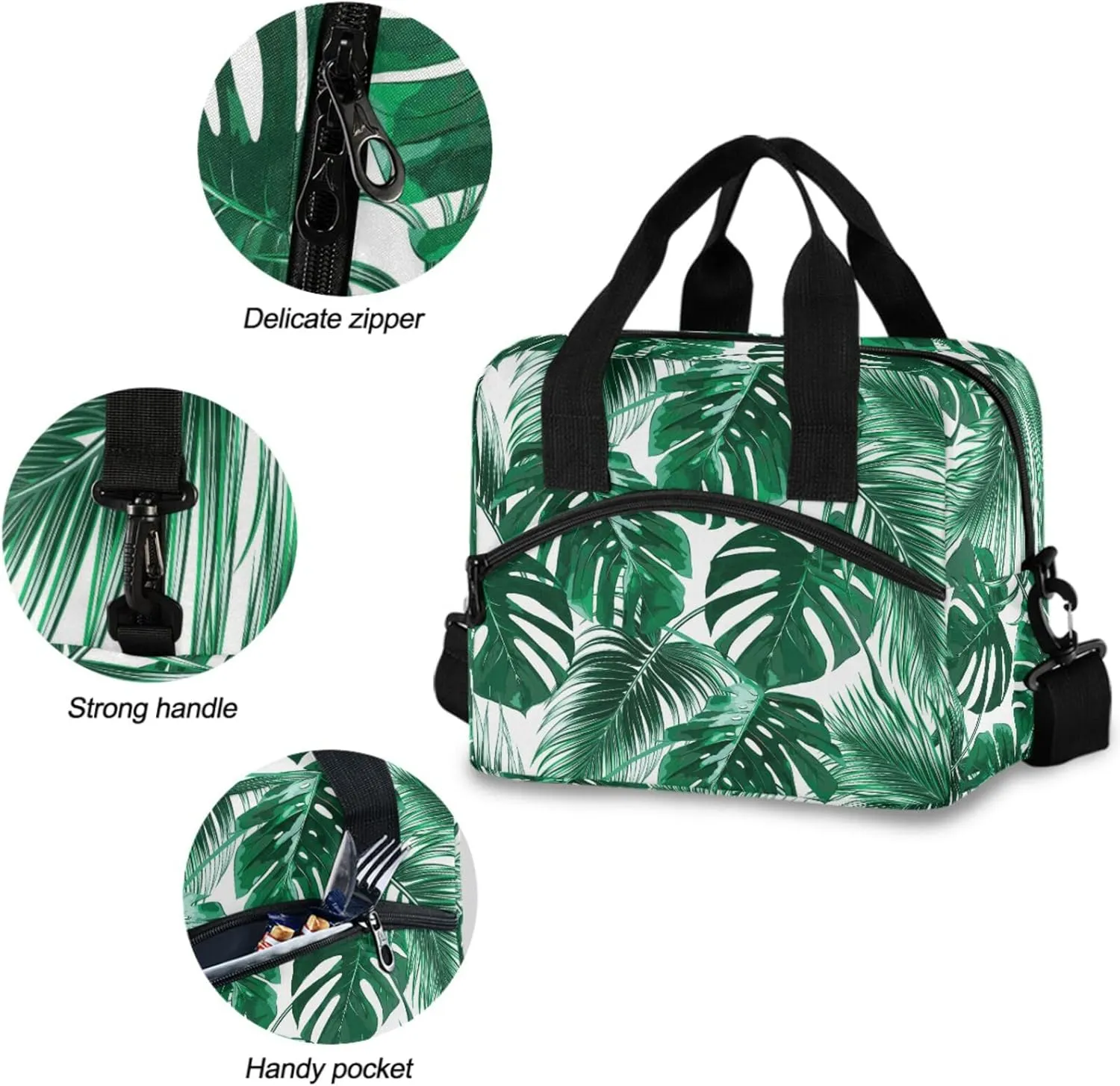 Tropical Palm Leaves Lunch Box Jungle Plants Tree Leaf Lunch Bag Women Insulated Freezable Lunch Tote Kit Thermal Cooler for Office Picnic School Portable Reusable Handbag