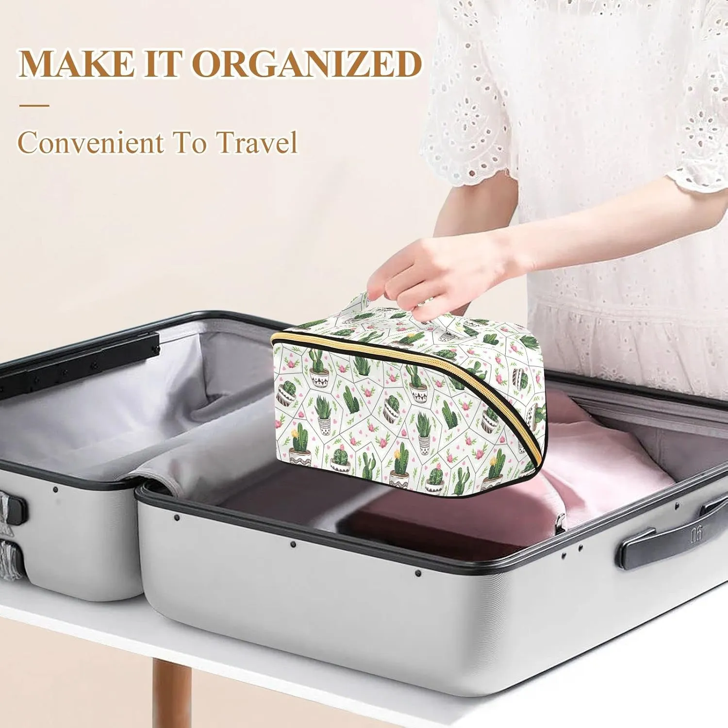 Tropical Succulents and Cactuses Large Capacity Cosmetic Bag Travel Makeup Bags with Large Opening and Handle Twill Cosmetic Organizer for Women