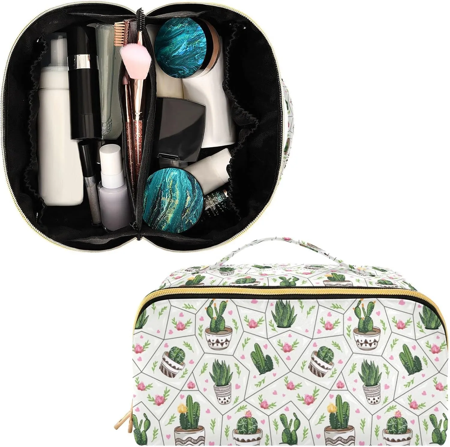 Tropical Succulents and Cactuses Large Capacity Cosmetic Bag Travel Makeup Bags with Large Opening and Handle Twill Cosmetic Organizer for Women