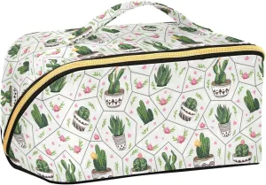 Tropical Succulents and Cactuses Large Capacity Cosmetic Bag Travel Makeup Bags with Large Opening and Handle Twill Cosmetic Organizer for Women