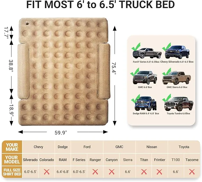Truck Bed Air Mattress Fit 6.4' - 6.7' Full Size Short Truck Beds Inflatable Mattress with Pump & Removable Side Mattress for Outdoor, Camping