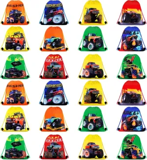 Truck Party Gifts Bags, Racing Drawstring Backpack Colorful Truck Goodie Bags Candy Favor Storage Supplies for Kids Birthday Party Decoration(24 Pieces,Stylish Style)