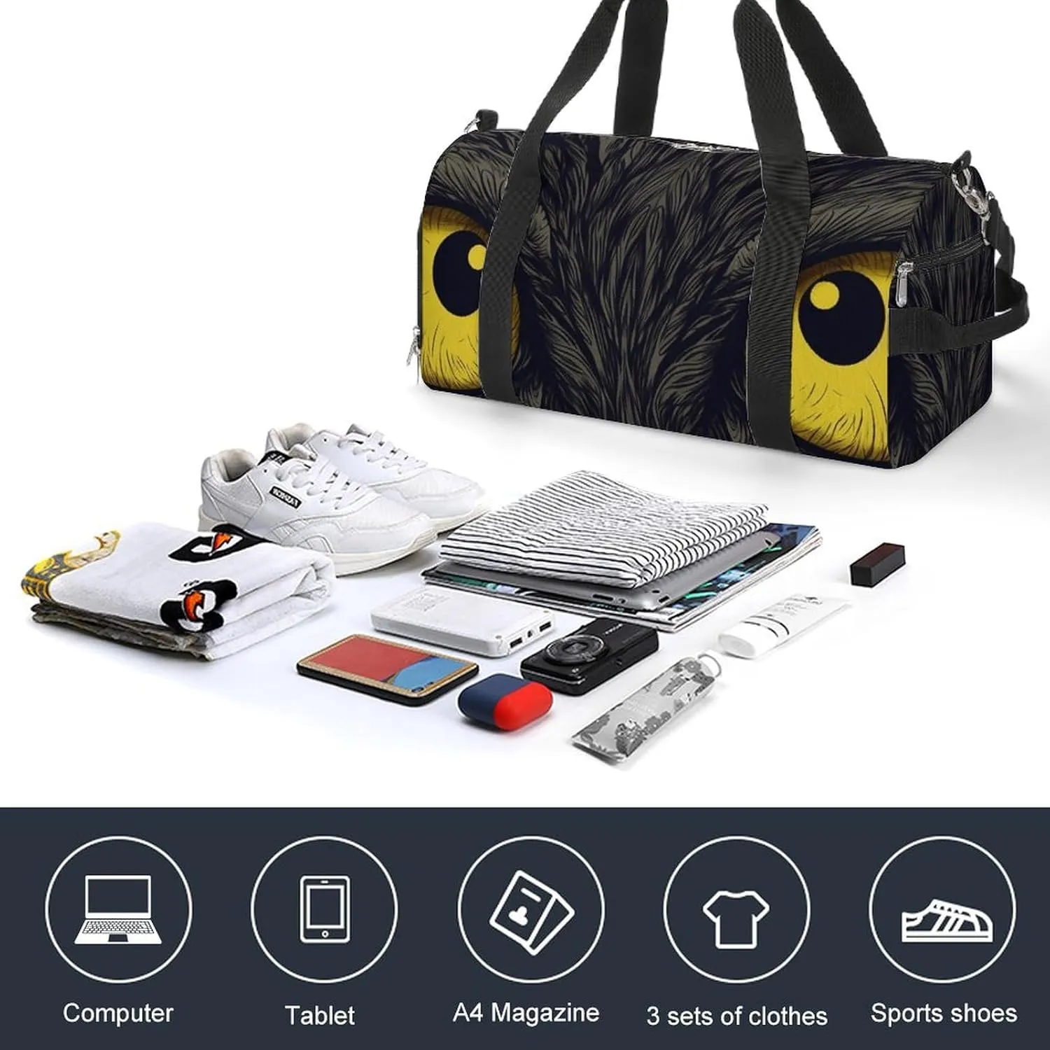 Two Yellow Eyes Sports Gym Bag Carry on Holdalls for Men Small Duffel Bags for Women with Shoe Compartment