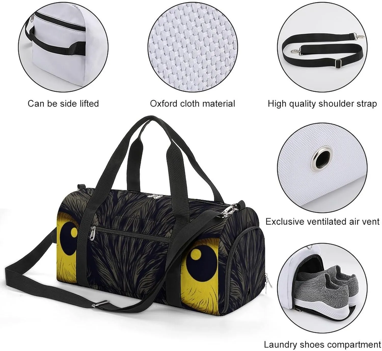 Two Yellow Eyes Sports Gym Bag Carry on Holdalls for Men Small Duffel Bags for Women with Shoe Compartment