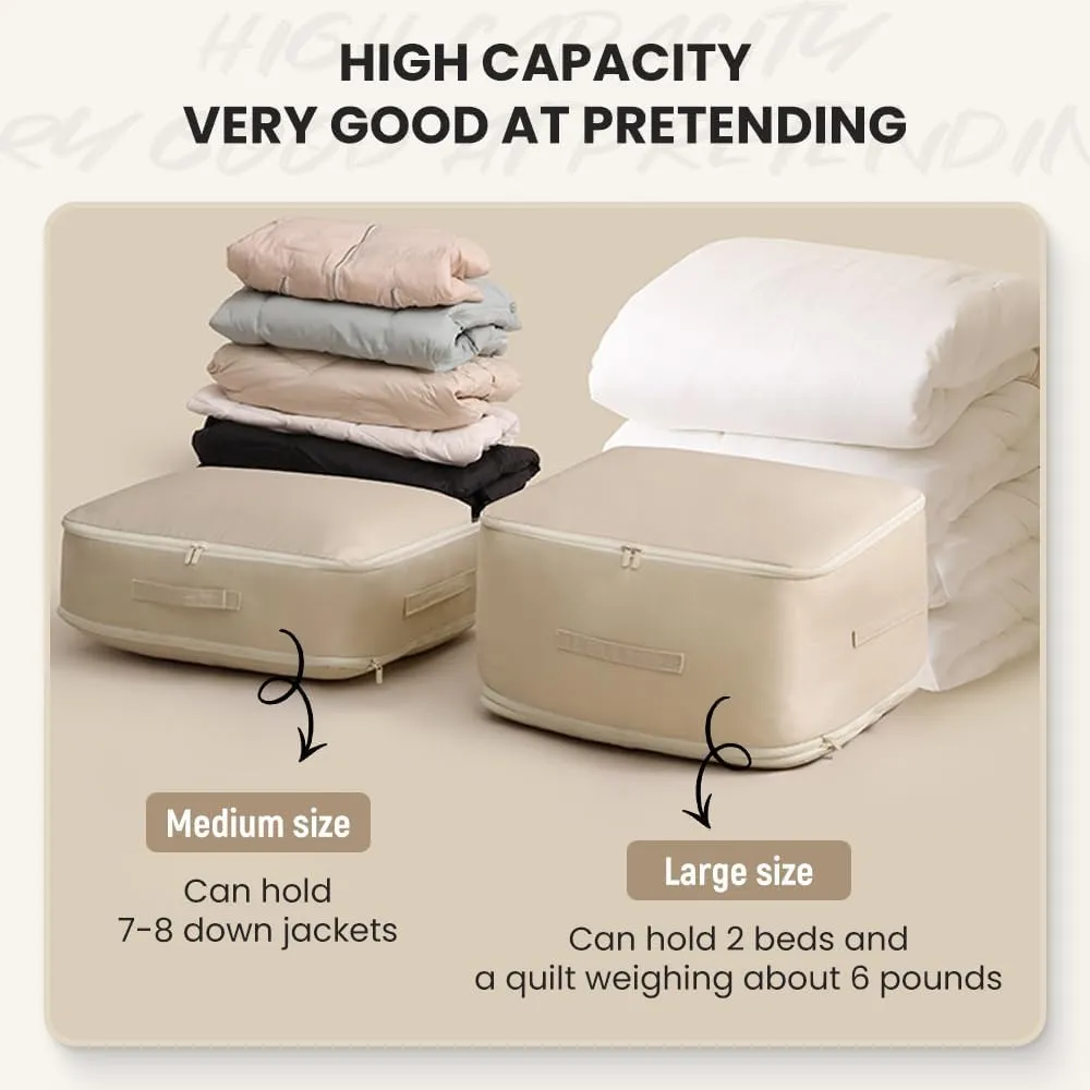 Ultra Space Saving Self Compression Organizer, 2025 New Space Saving Self Compression Organizer for Comforters, Blankets, Bedding, Portable Heavy Duty Moving Bags Storage Tote (Beige, L(54*42*30CM))