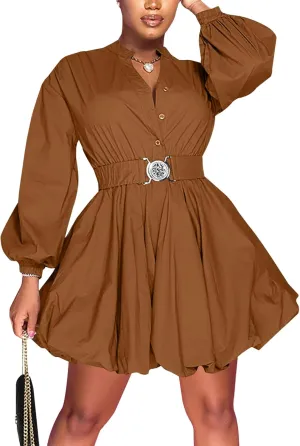 Uni Clau Womens Button Down Shirt Dress Long Sleeve A-Line Casual Puffy Short Mini Dress with Belt