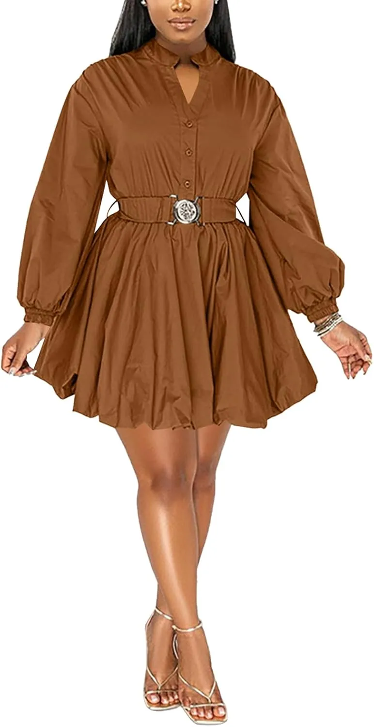 Uni Clau Womens Button Down Shirt Dress Long Sleeve A-Line Casual Puffy Short Mini Dress with Belt