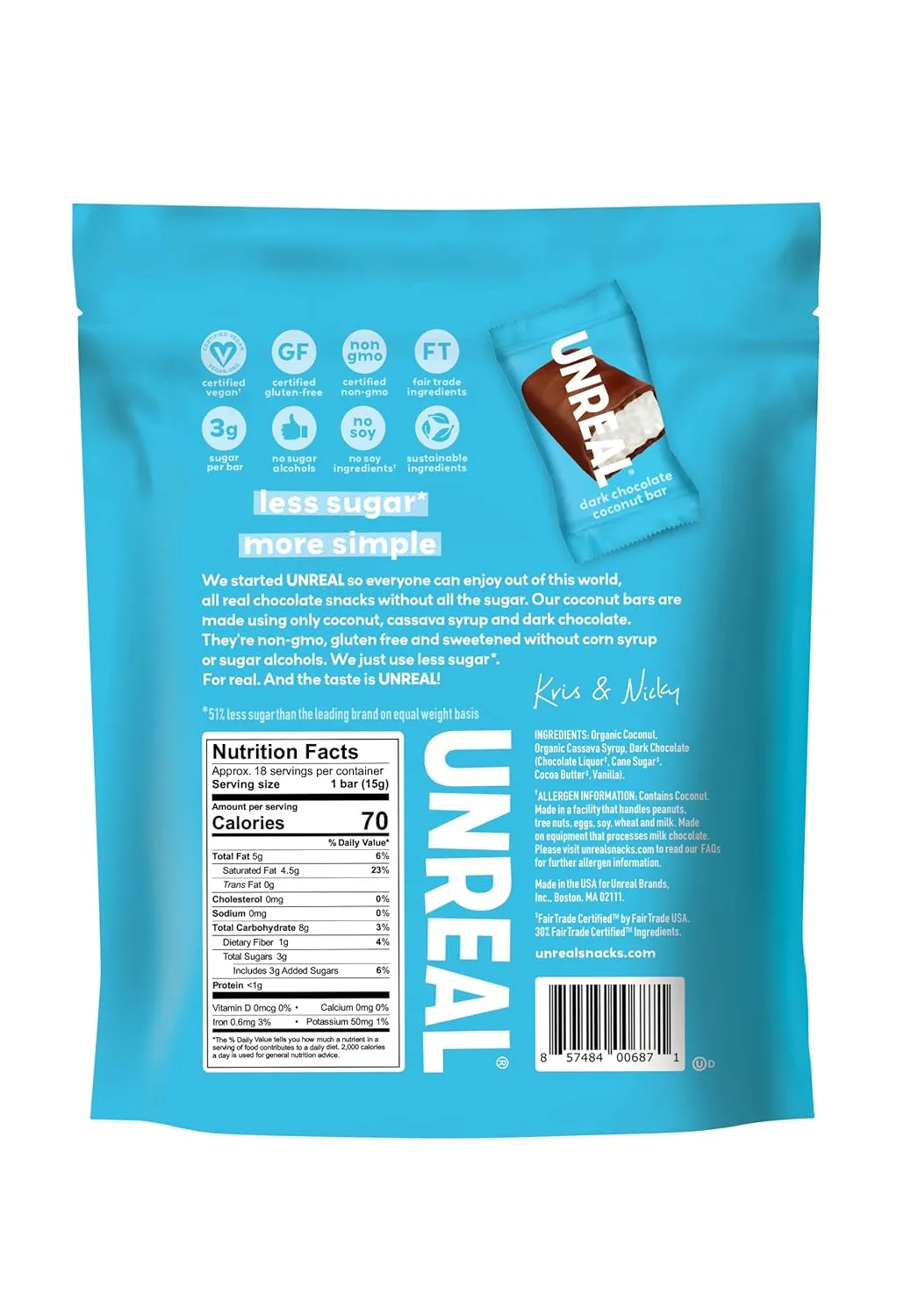 UNREAL Dark Chocolate Coconut Bars (4 Value Size Bags) | Vegan, 3g Sugar, & 3 Simple Ingredients | Non-GMO, Gluten Free, & Fair Trade | 9.5oz each
