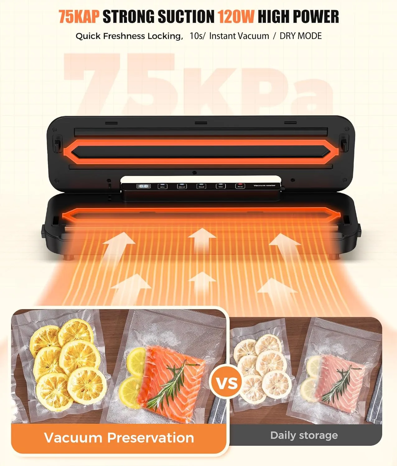 Vacuum Sealer Machine for Food Preservation, 6-in-1 Food Sealer for Freshness Storage, 75kpa Compact Vacuum Sealing Machine with External Sliding Blade, Digital Countdown Titanium Gray