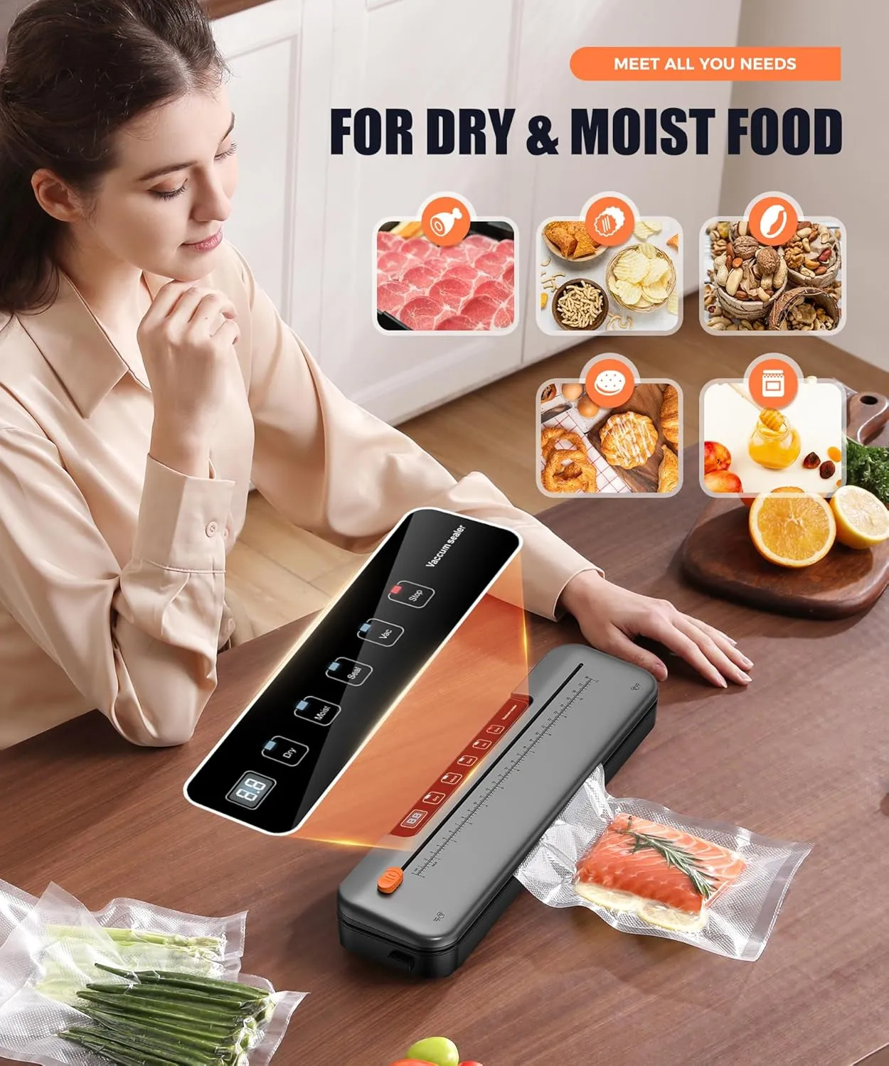 Vacuum Sealer Machine for Food Preservation, 6-in-1 Food Sealer for Freshness Storage, 75kpa Compact Vacuum Sealing Machine with External Sliding Blade, Digital Countdown Titanium Gray