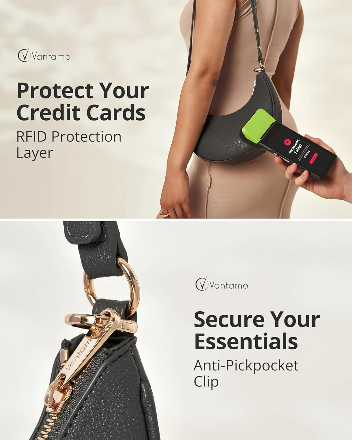 Vantamo Crescent Bags For Women with RFID Protection, Half Moon Clutch Purses for Women with Anti-Theft Clip for Extra Safety