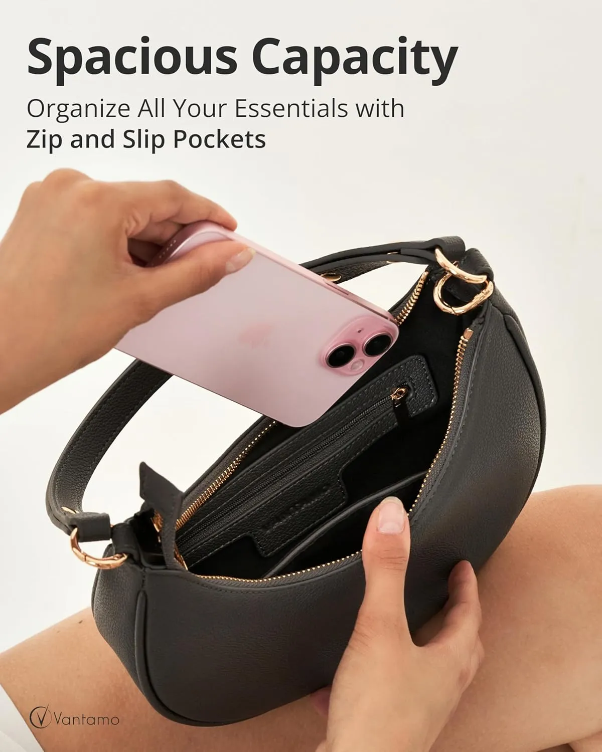 Vantamo Crescent Bags For Women with RFID Protection, Half Moon Clutch Purses for Women with Anti-Theft Clip for Extra Safety