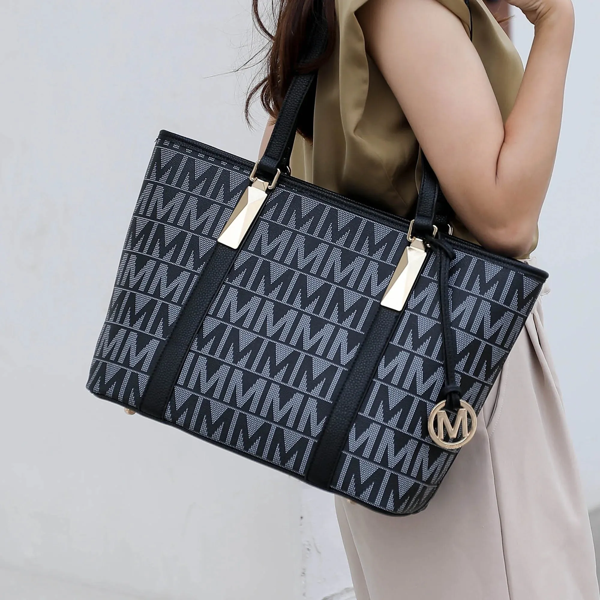 Vegan Leather Women'S Tote Bag, Small Tote Handbag, Pouch Purse & Wristlet Wallet Bag 4 Pcs Set by Mia K - White