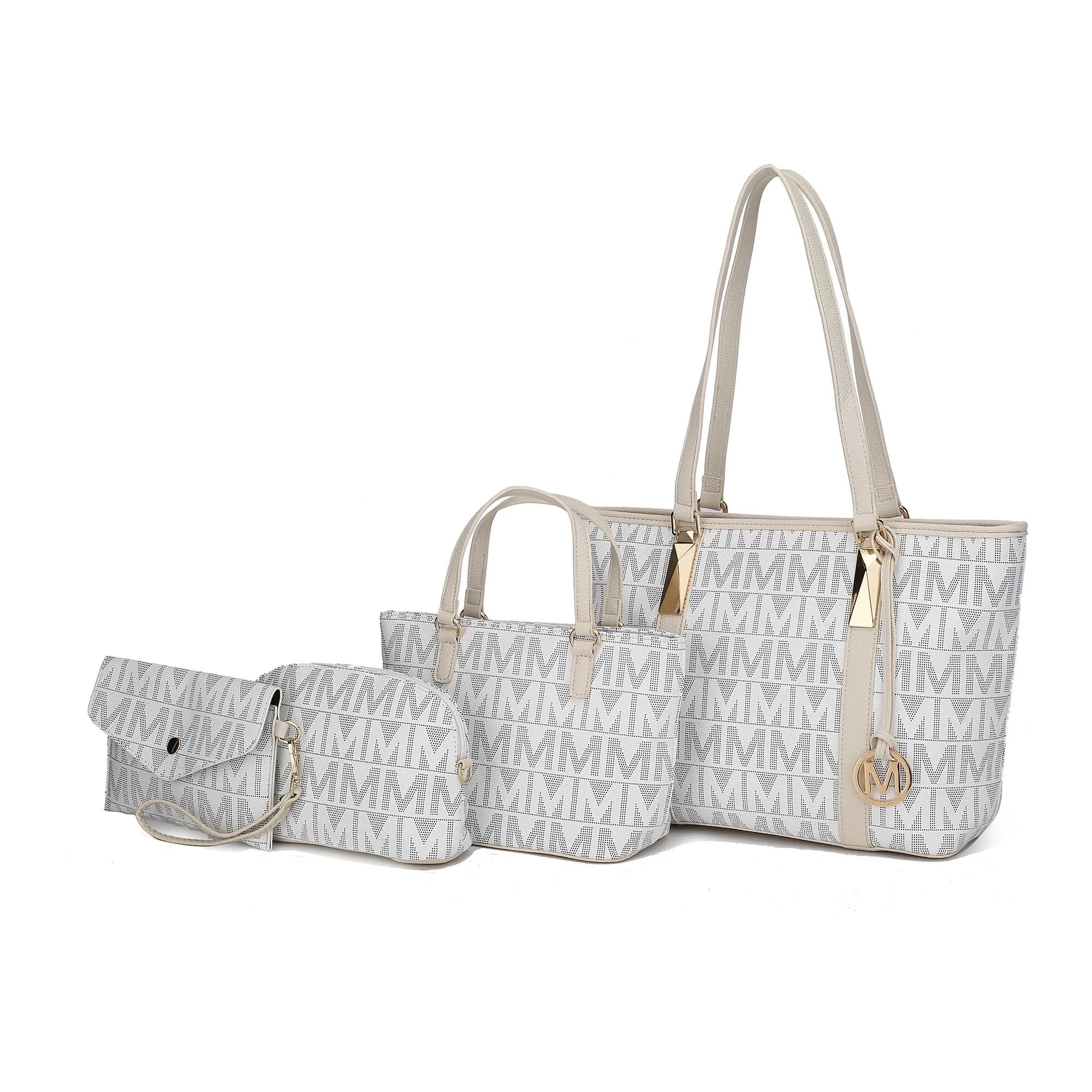 Vegan Leather Women'S Tote Bag, Small Tote Handbag, Pouch Purse & Wristlet Wallet Bag 4 Pcs Set by Mia K - White