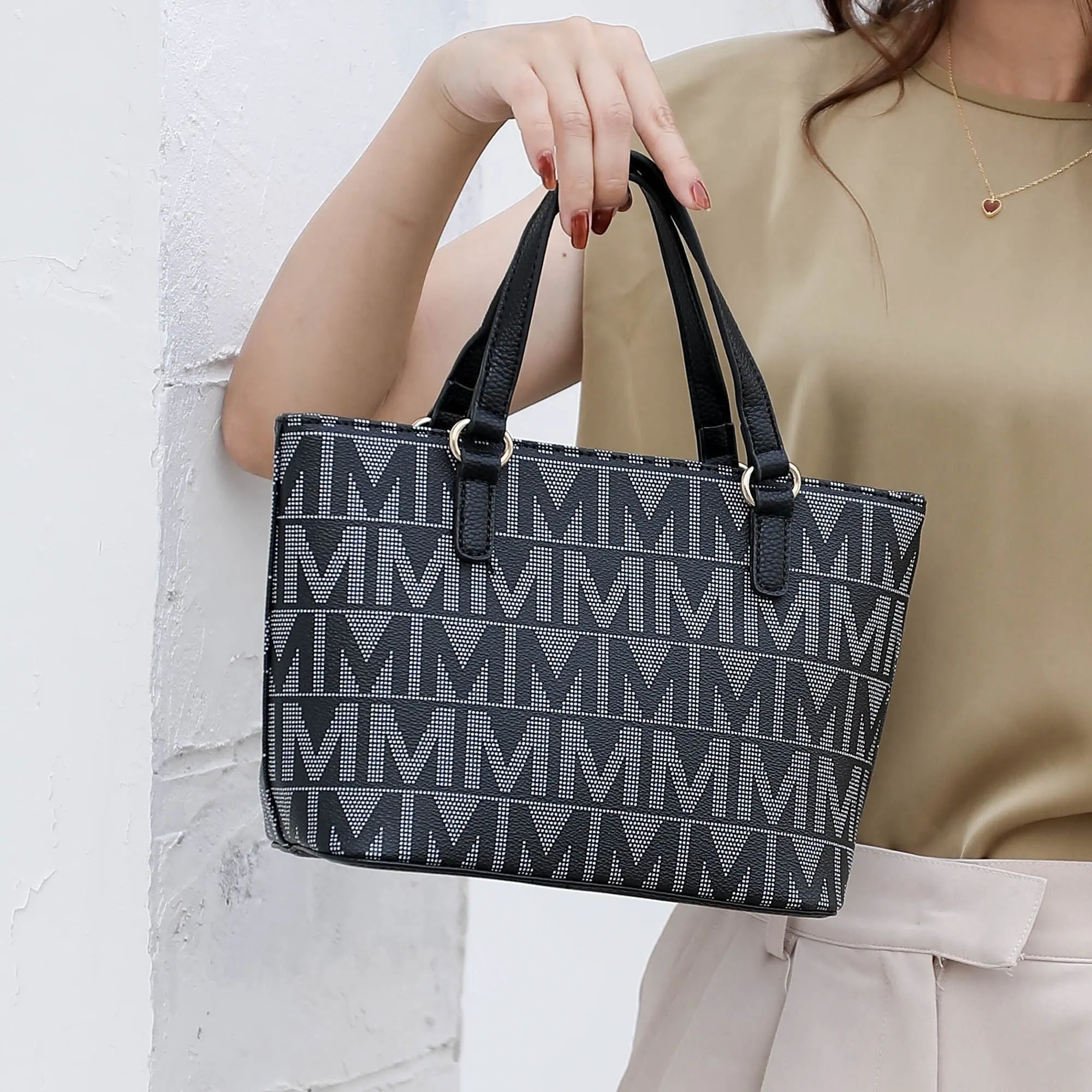 Vegan Leather Women'S Tote Bag, Small Tote Handbag, Pouch Purse & Wristlet Wallet Bag 4 Pcs Set by Mia K - White