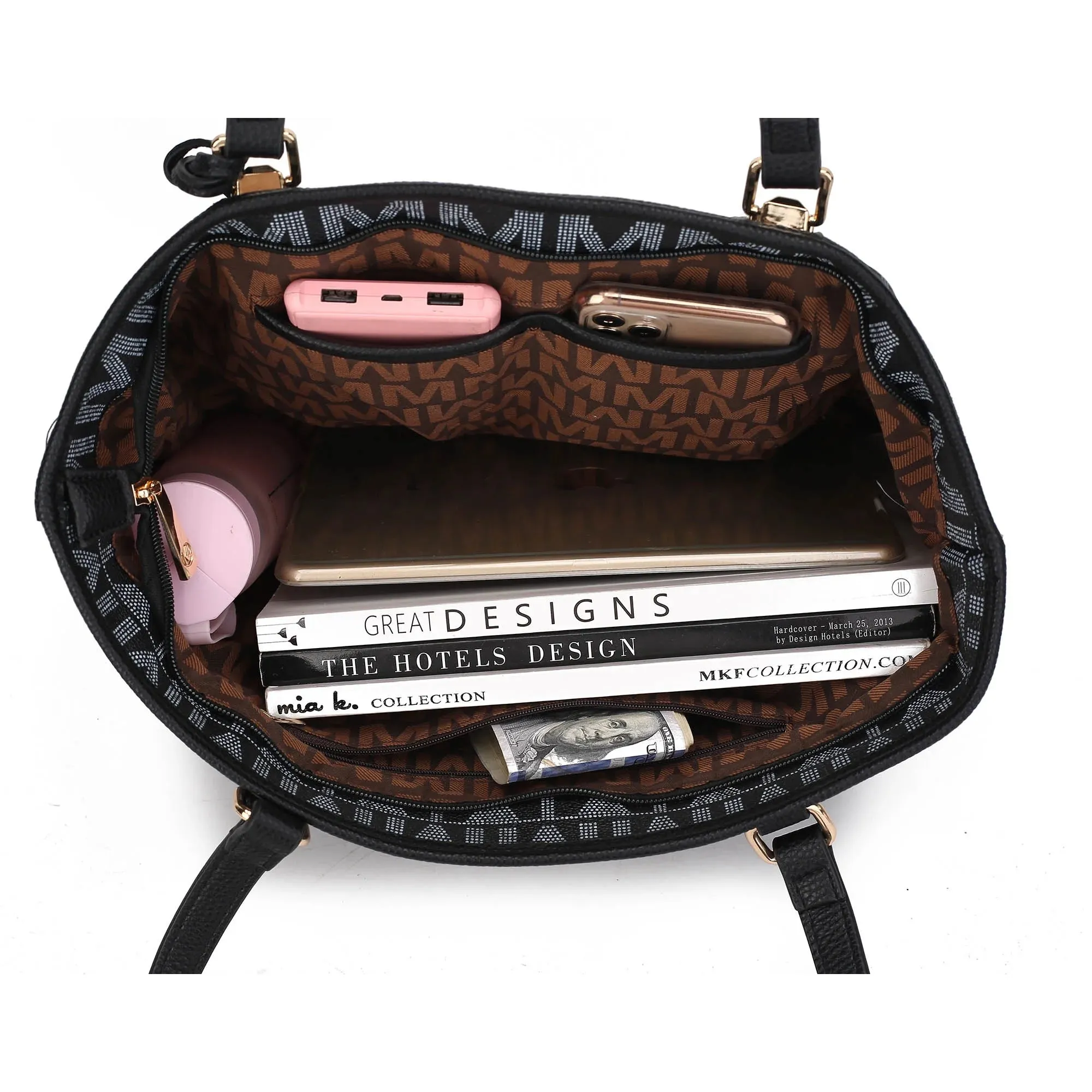 Vegan Leather Women'S Tote Bag, Small Tote Handbag, Pouch Purse & Wristlet Wallet Bag 4 Pcs Set by Mia K - White