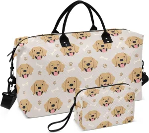 VIGTRO Travel Duffel Bag Weekender Overnight Bag with Toiletry Bag Golden Dogs Bone Footprints Printed, Carry On Luggage Bag for Hospital Gym Travel Business, 2 Pcs Set