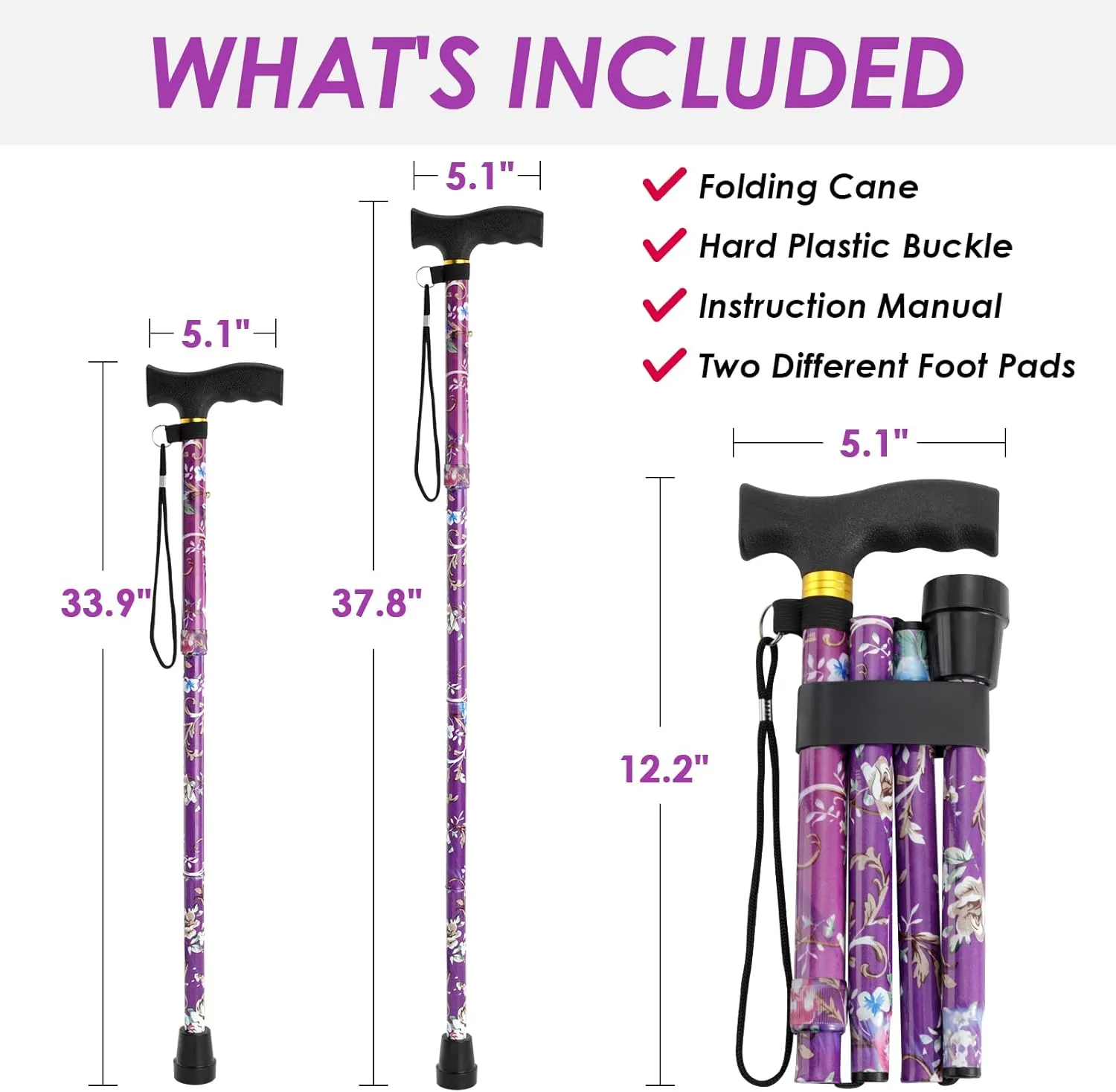 Walking Cane PANZHENG Cane for Man/Woman | Mobility & Daily Living Aids | 5-Level Height Adjustable Walking Stick | Comfortable Plastic T-Handle Portable Walking Stick Folding Cane