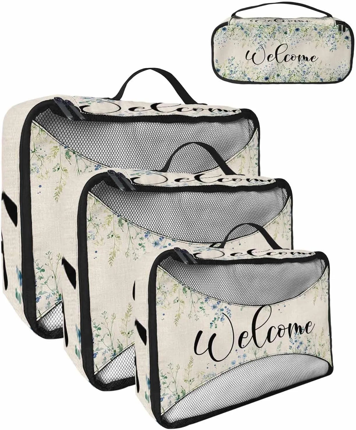Watercolor Green Leaves on Linen 4 Set Packing Cubes, Pastoral Botanical Packing Cubes for Carry on Suitcase Travel Essential Bag for Clothes Shoes Cosmetics Toiletry