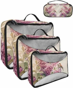 Watercolor Lavender Sparrow on Linen 4 Set Packing Cubes, Pastoral Leaves Packing Cubes for Carry on Suitcase Travel Essential Bag for Clothes Shoes Cosmetics Toiletry