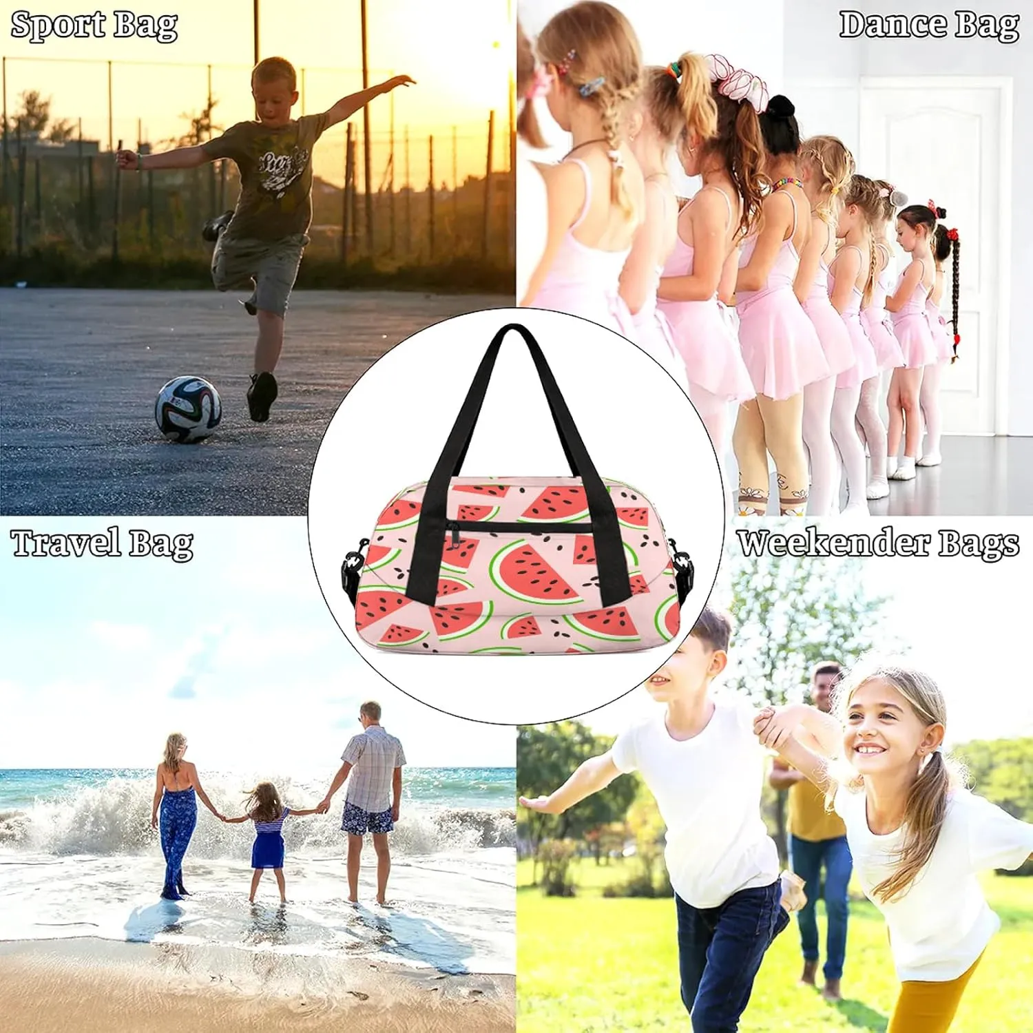 Watermelon Pattern Kids Duffel Bag Lightweight Waterproof Sports Gym Bag with Front Zipper Pocket Foldable Weekender Overnight Bag for School Practice Gymnastic Ballet