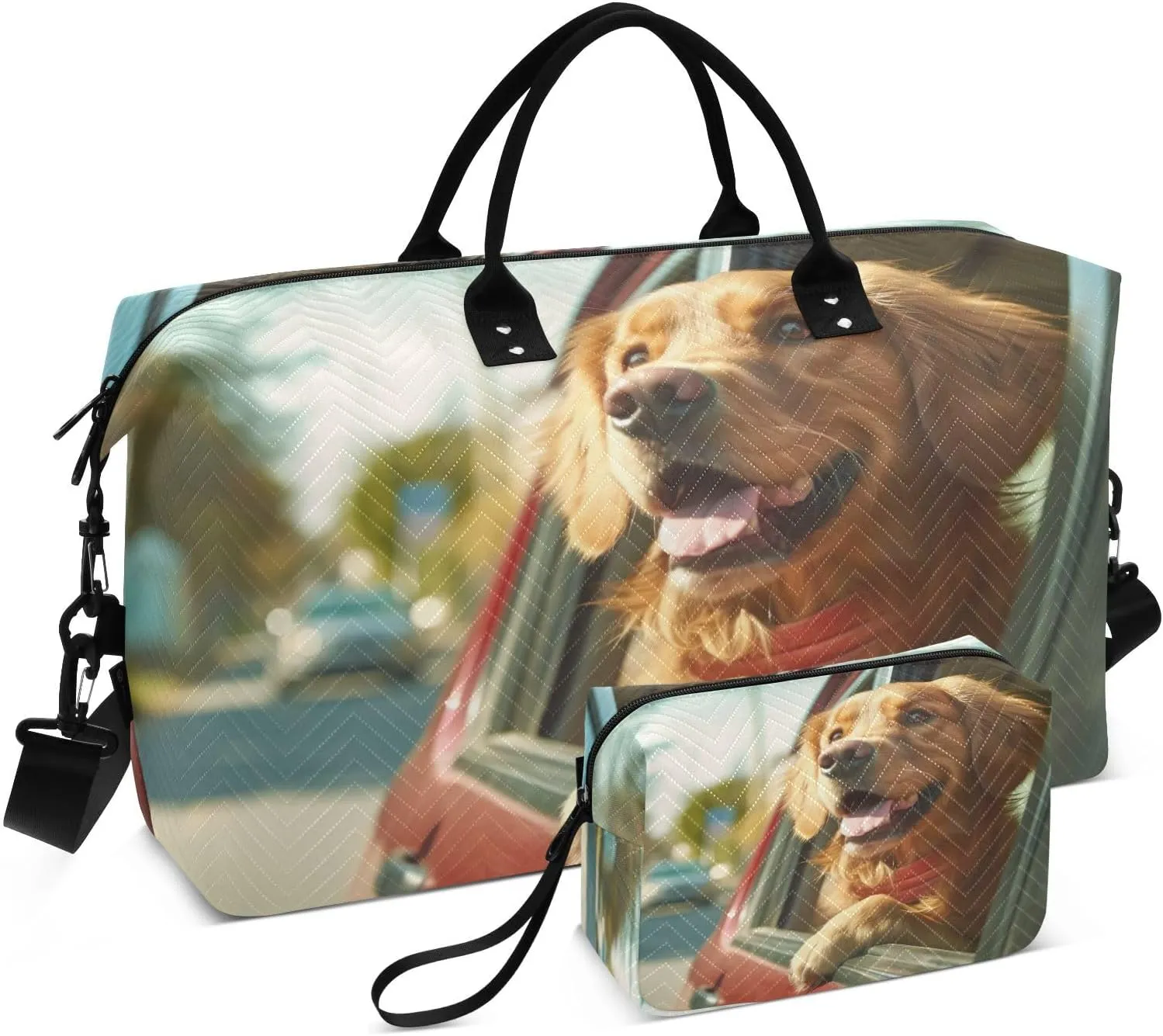 Weekender Bags for Women,Foldable Funny Golden Retriever Travel Duffel Bag with Trolley Sleeve Travel Tote Gym Bag with Toiletry Bag