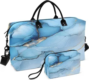 Weekender Bags Travel Duffel Gym Bag Blue Gilded Marble Carry on Overnight Tote Bag with Toiletry Bag for Airplane Travel Trip Gym Yoga