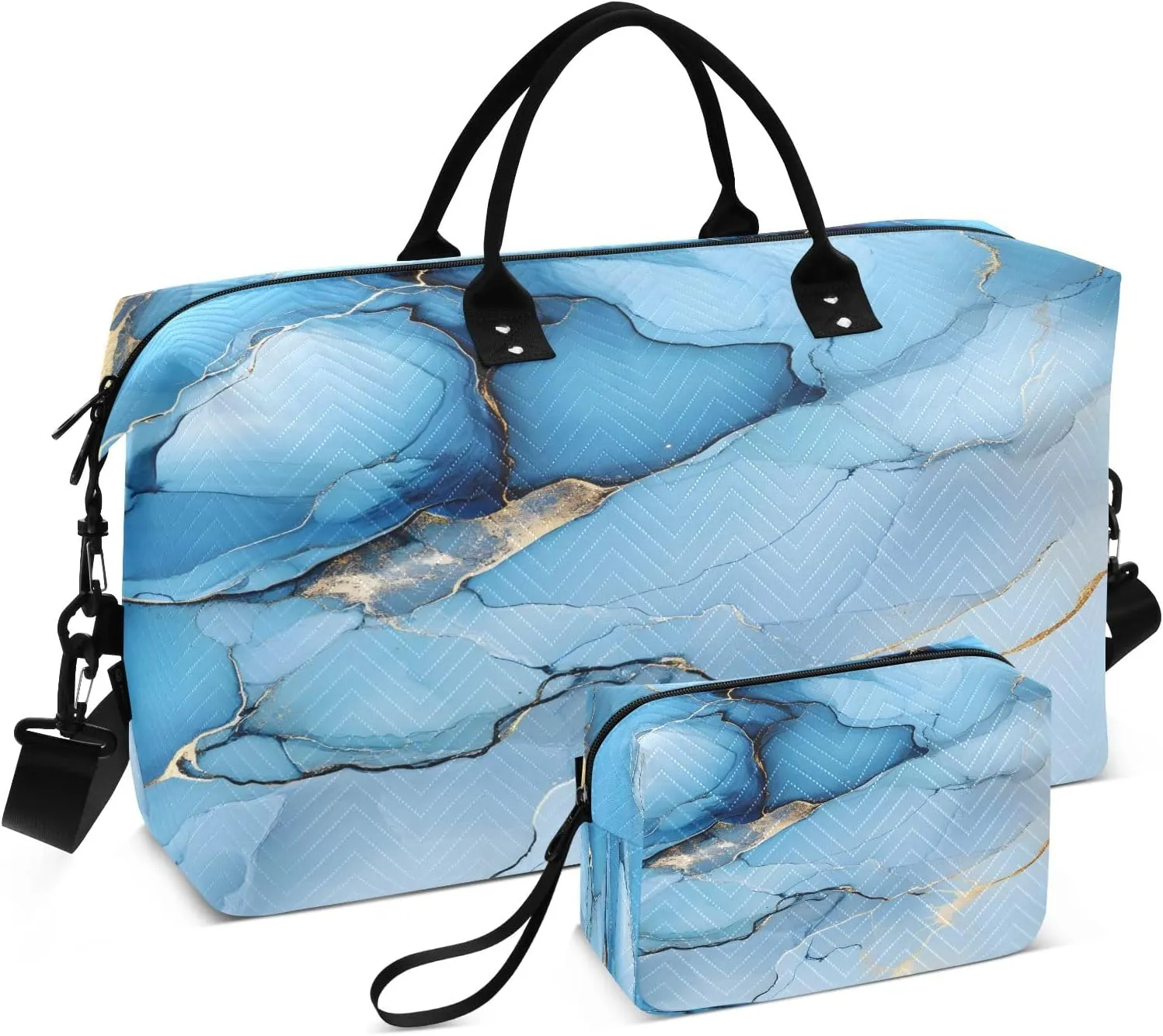 Weekender Bags Travel Duffel Gym Bag Blue Gilded Marble Carry on Overnight Tote Bag with Toiletry Bag for Airplane Travel Trip Gym Yoga