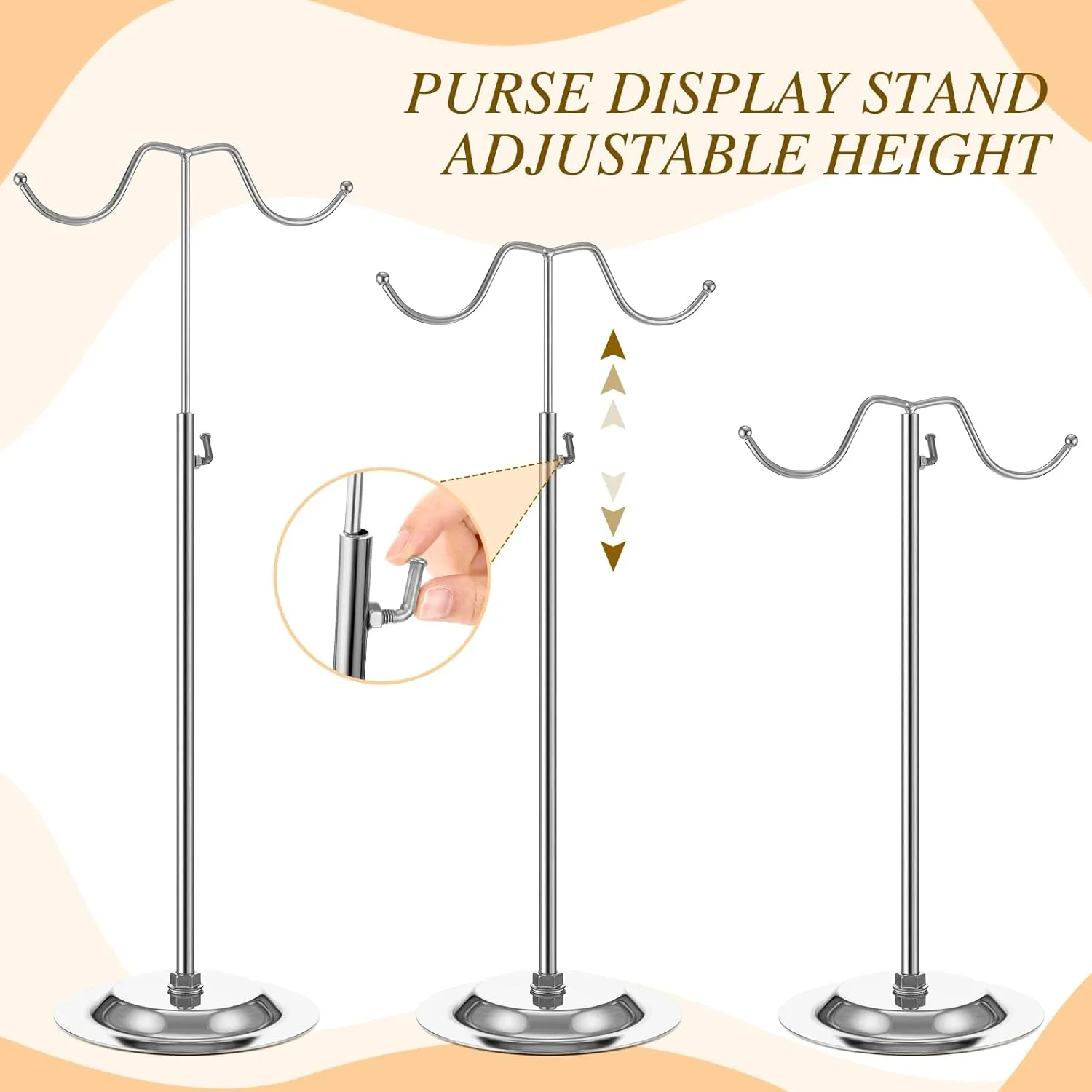 Weysat 10 Pcs Purse Display Stand Metal Purse Holder Stand Adjustable Double Hook Handbag Rack for Display Handbags Wig Hat (Silver)