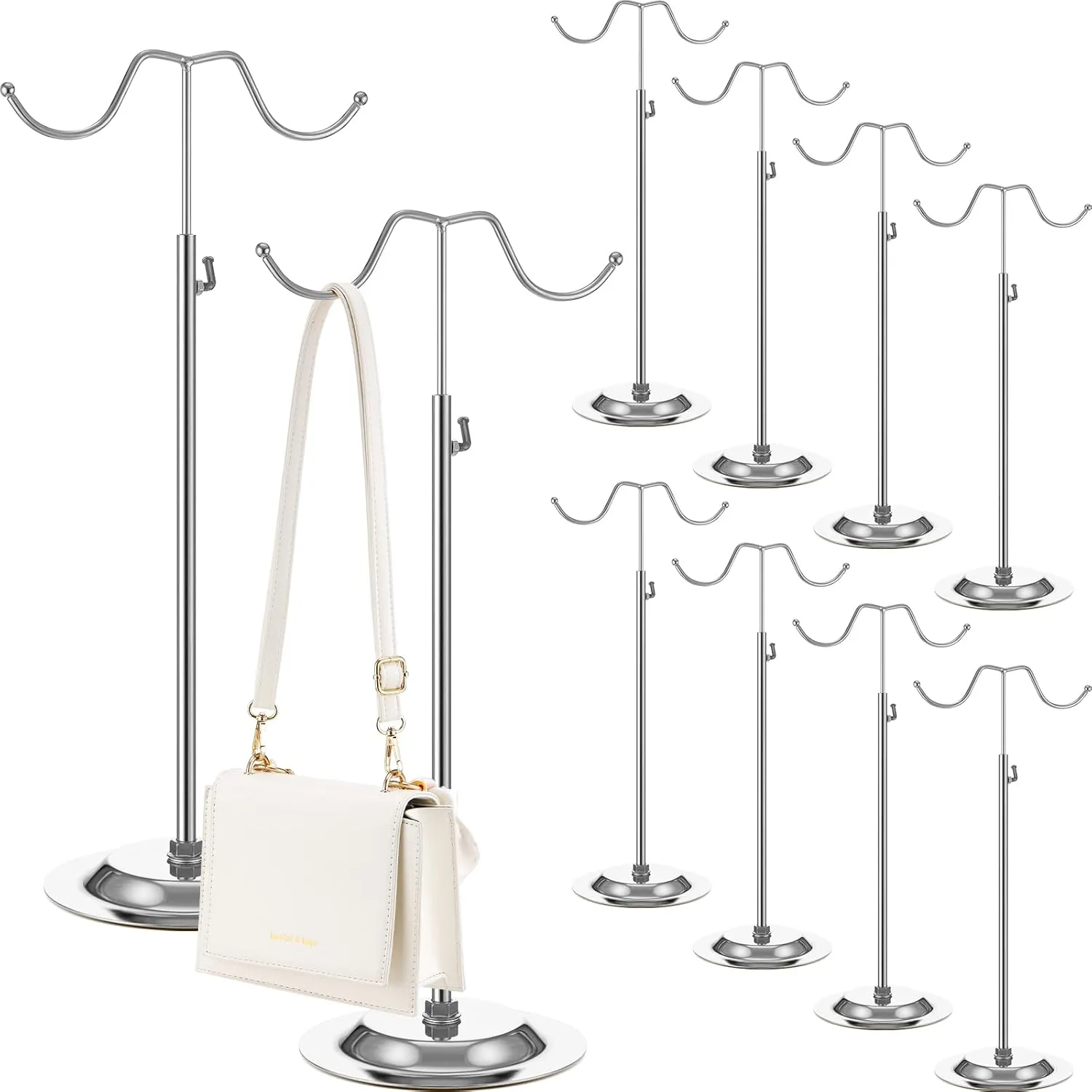 Weysat 10 Pcs Purse Display Stand Metal Purse Holder Stand Adjustable Double Hook Handbag Rack for Display Handbags Wig Hat (Silver)