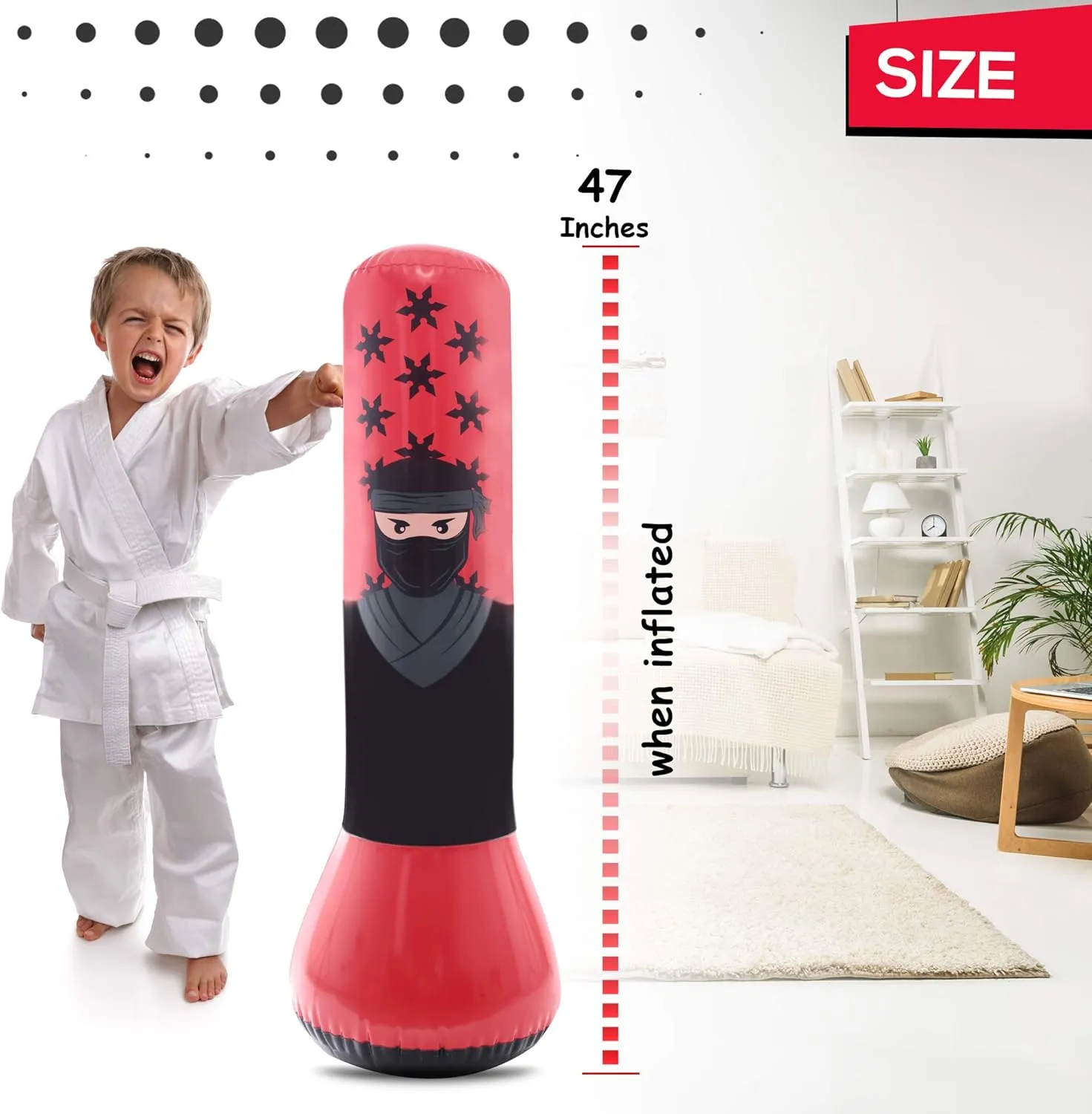Whoobli Ninja Inflatable Kids Punching Bag, Inflatable Toy Punching Bag for Kids, Bounce-Back Bop Bag for Play, Boxing, Karate, Anger Management, Gift for 3-7 Years Old, Toys Age 3 4 5 6 7; New 2024