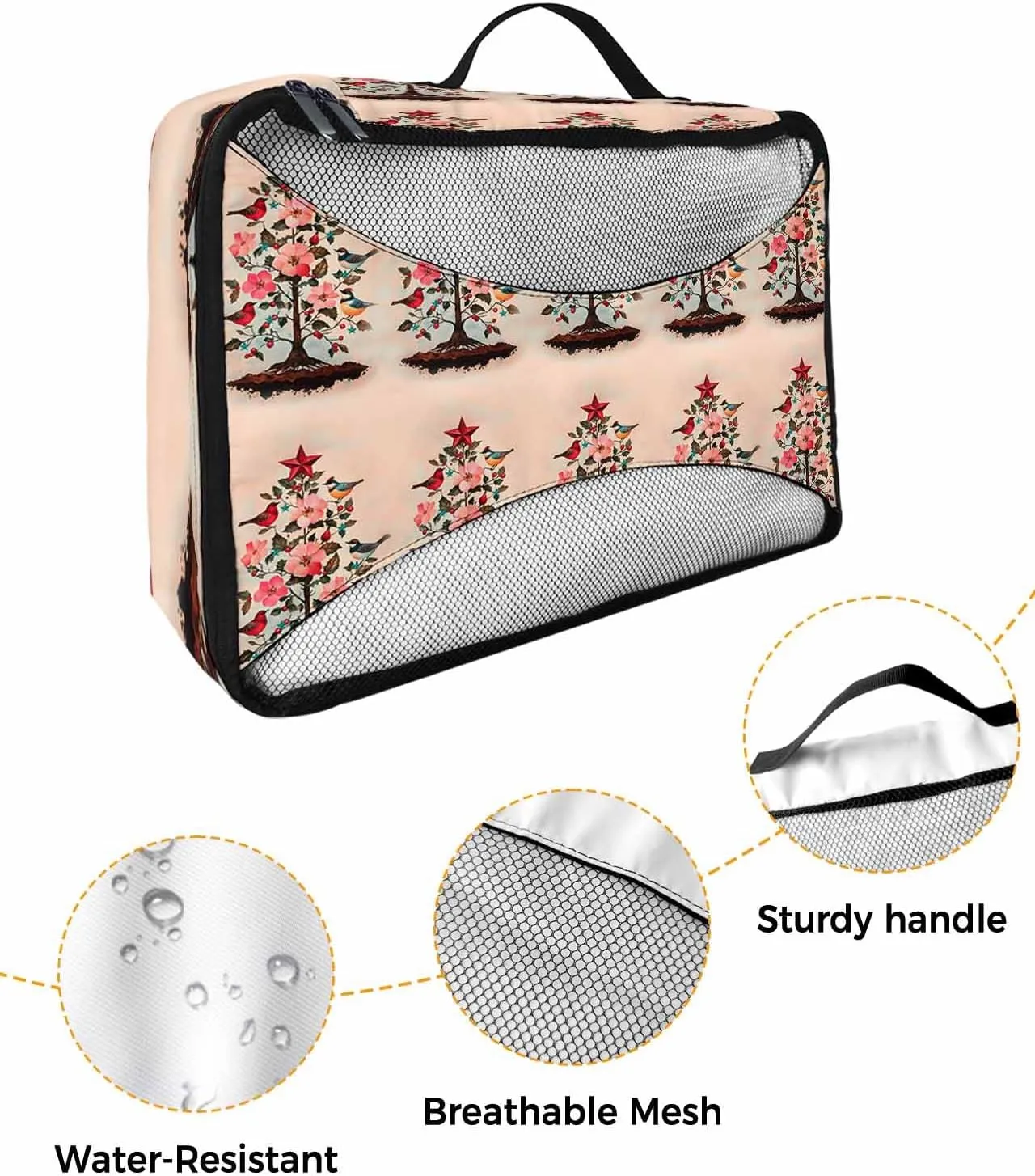 Winter Christmas Tree Light Peach Flower 4 Set Packing Cubes, Red Star Leaf Bird Pastoral Packing Cubes for Carry on Suitcase Travel Essential Bag for Clothes Shoes Cosmetics Toiletry