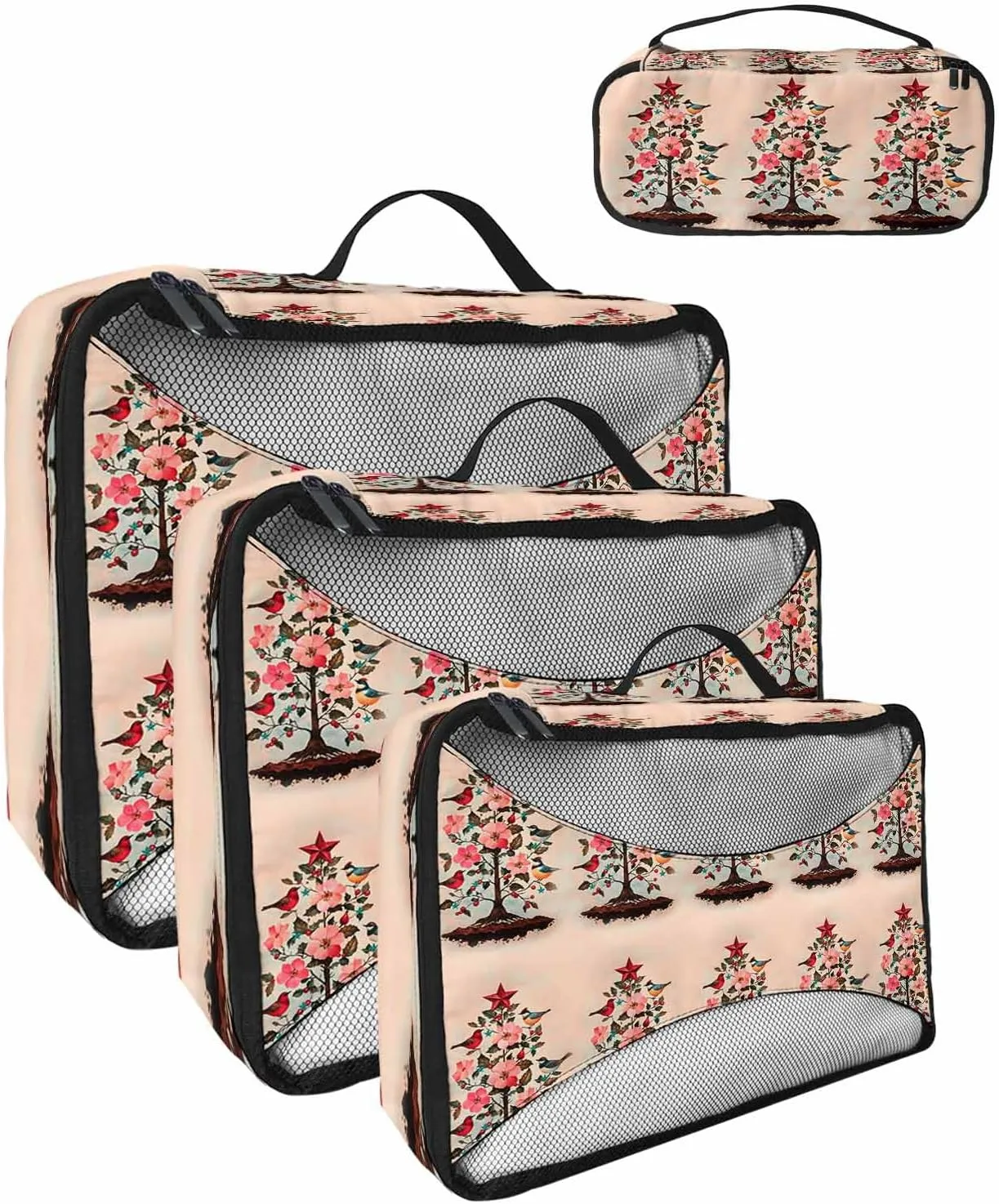 Winter Christmas Tree Light Peach Flower 4 Set Packing Cubes, Red Star Leaf Bird Pastoral Packing Cubes for Carry on Suitcase Travel Essential Bag for Clothes Shoes Cosmetics Toiletry