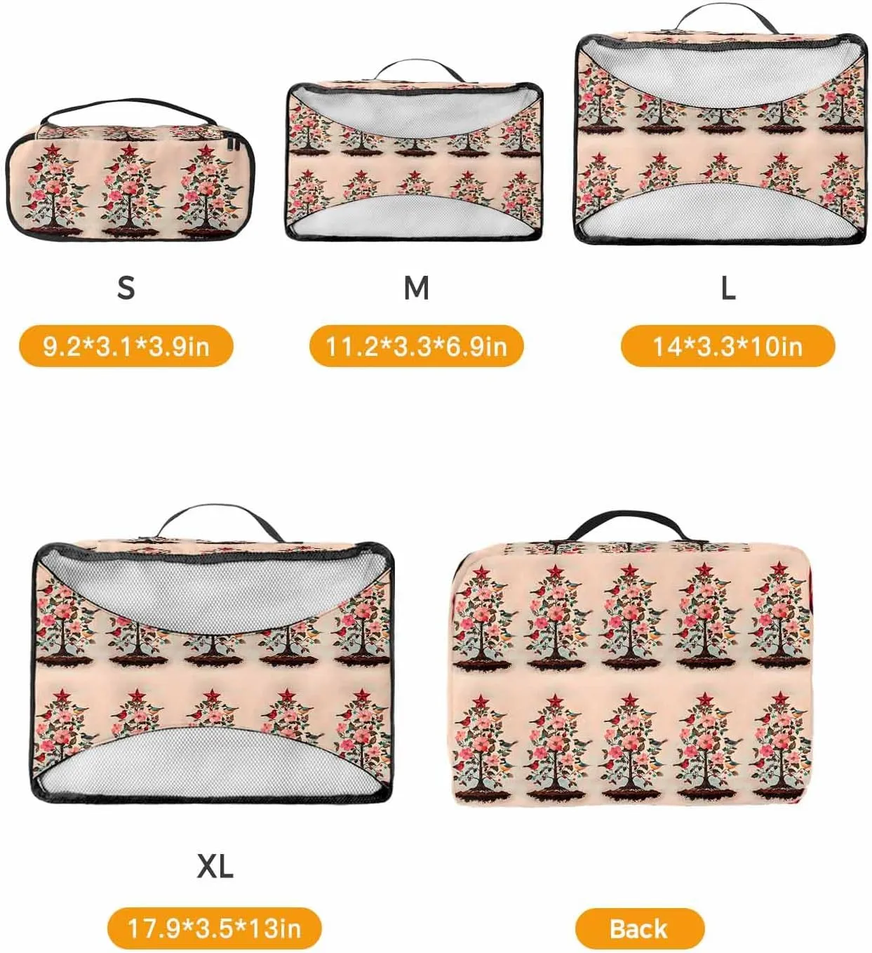 Winter Christmas Tree Light Peach Flower 4 Set Packing Cubes, Red Star Leaf Bird Pastoral Packing Cubes for Carry on Suitcase Travel Essential Bag for Clothes Shoes Cosmetics Toiletry