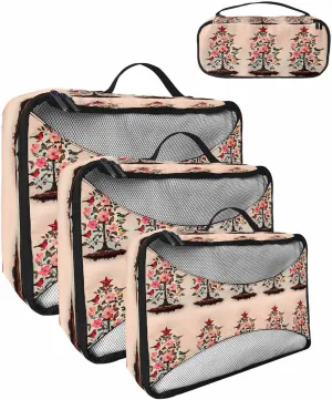 Winter Christmas Tree Light Peach Flower 4 Set Packing Cubes, Red Star Leaf Bird Pastoral Packing Cubes for Carry on Suitcase Travel Essential Bag for Clothes Shoes Cosmetics Toiletry