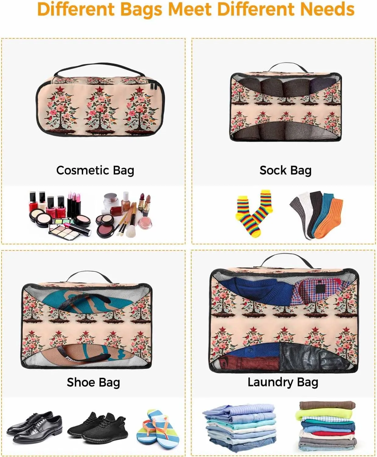 Winter Christmas Tree Light Peach Flower 4 Set Packing Cubes, Red Star Leaf Bird Pastoral Packing Cubes for Carry on Suitcase Travel Essential Bag for Clothes Shoes Cosmetics Toiletry