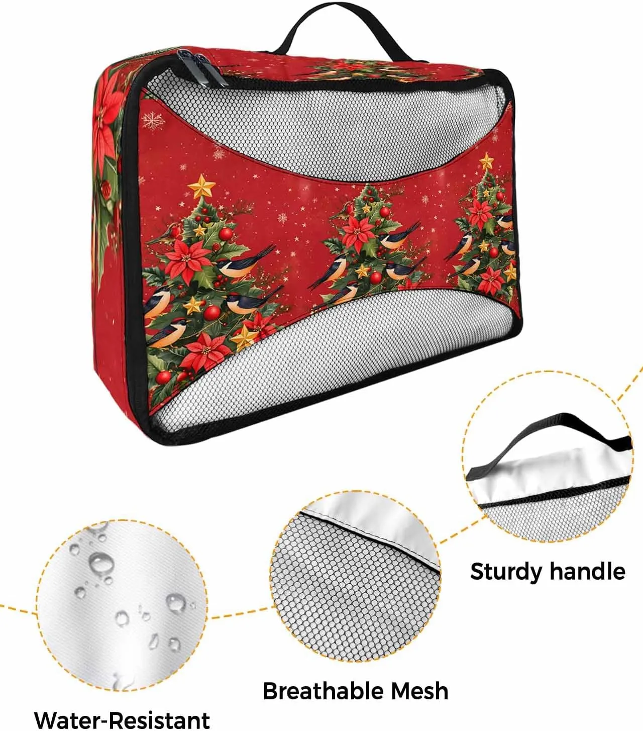 Winter Green Xmas Tree Ornament 4 Set Packing Cubes, Poinsettia Sparrow Snowflake Red Packing Cubes for Carry on Suitcase Travel Essential Bag for Clothes Shoes Cosmetics Toiletry