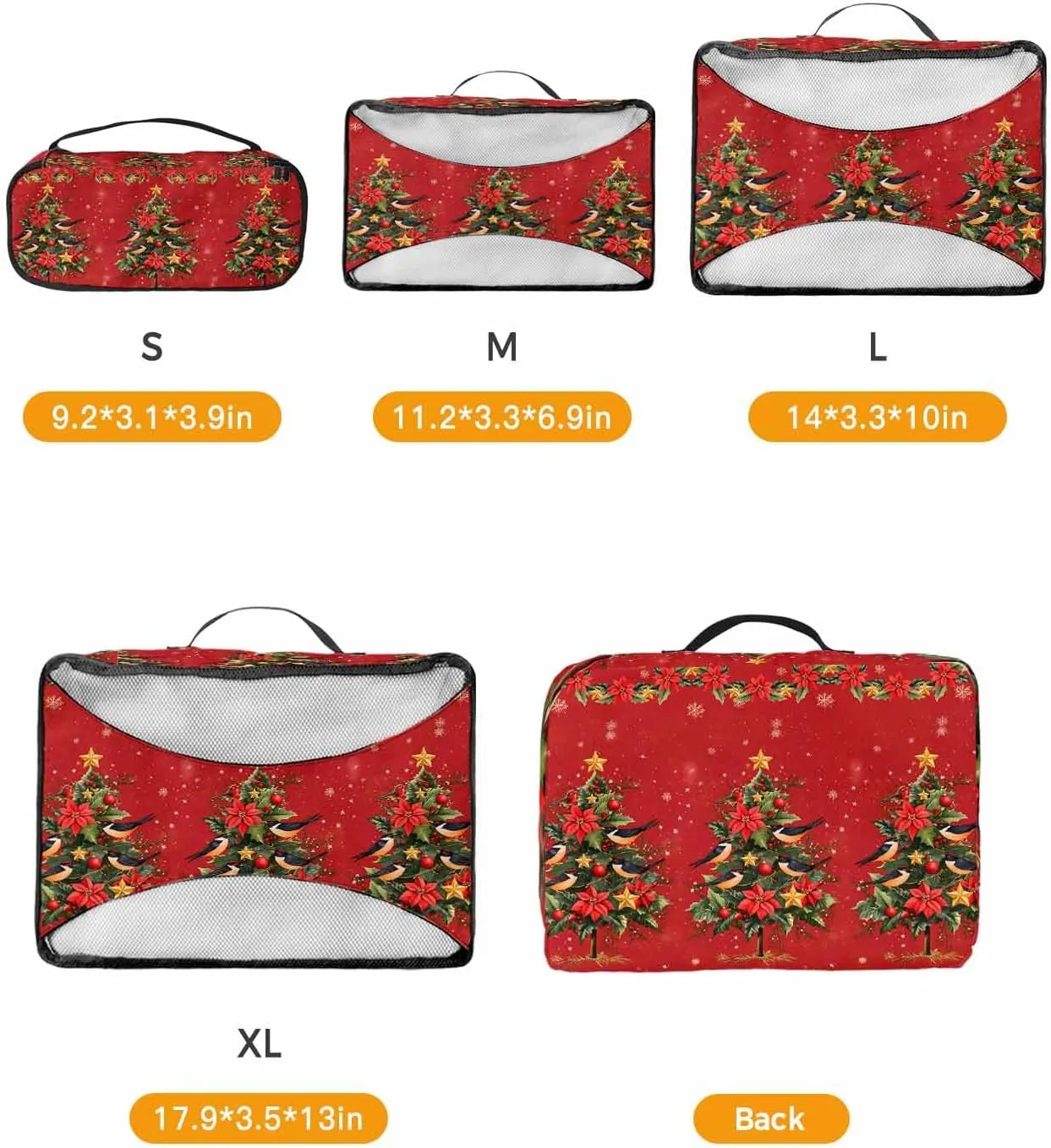 Winter Green Xmas Tree Ornament 4 Set Packing Cubes, Poinsettia Sparrow Snowflake Red Packing Cubes for Carry on Suitcase Travel Essential Bag for Clothes Shoes Cosmetics Toiletry